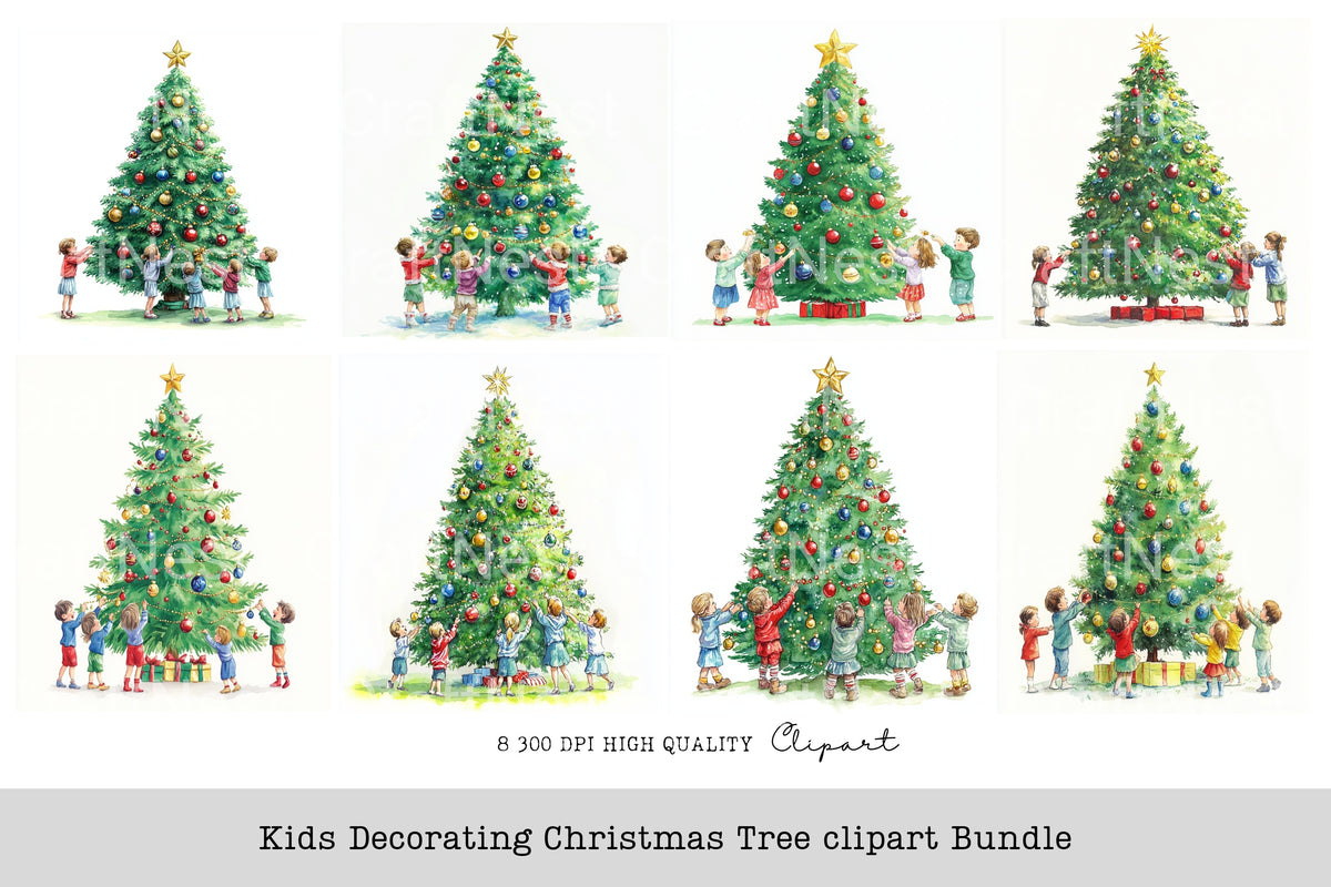 Kids Decorating Christmas Tree Clipart Bundle