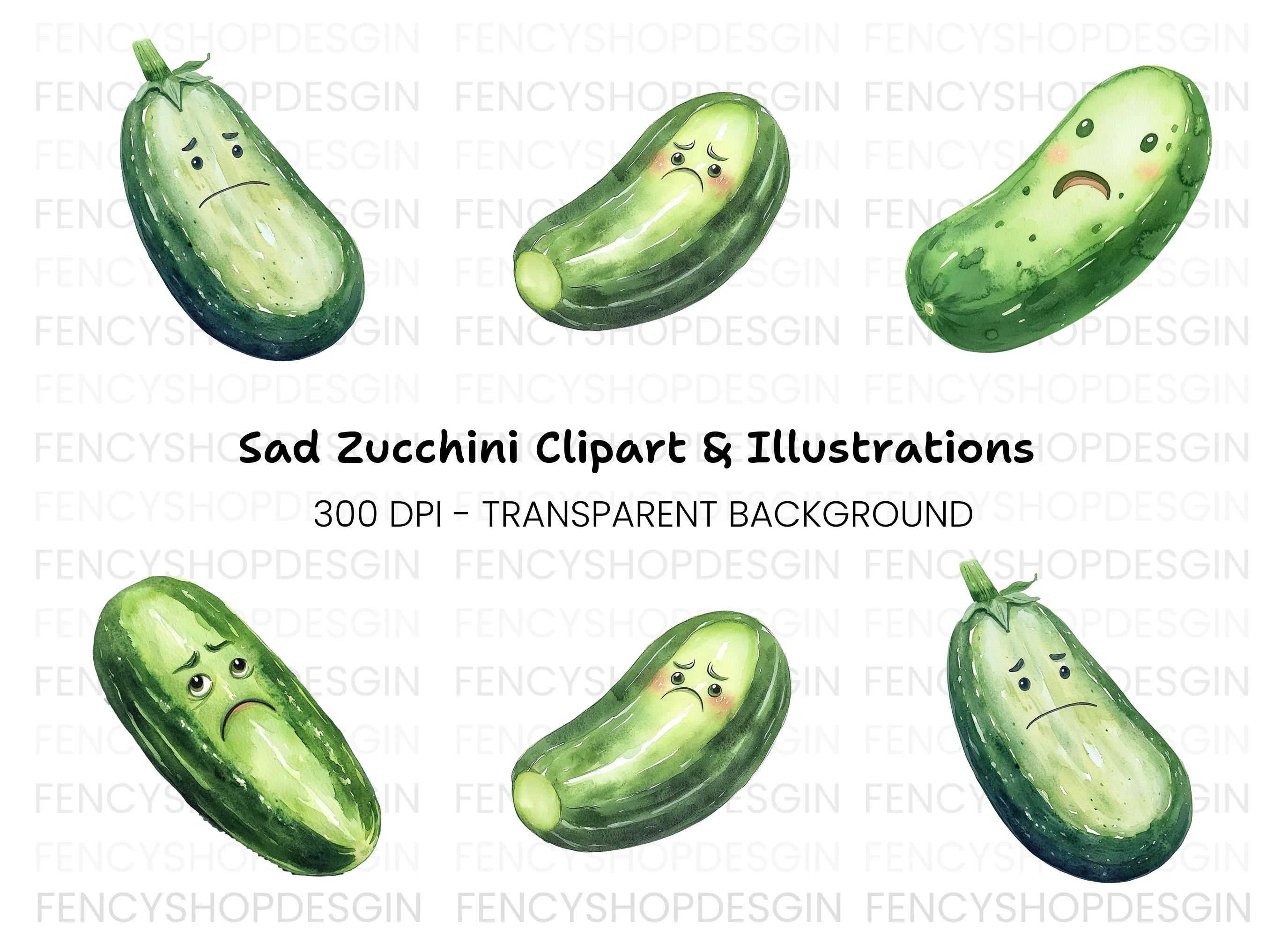 Sad Cucumber Cartoon Clipart Bundle