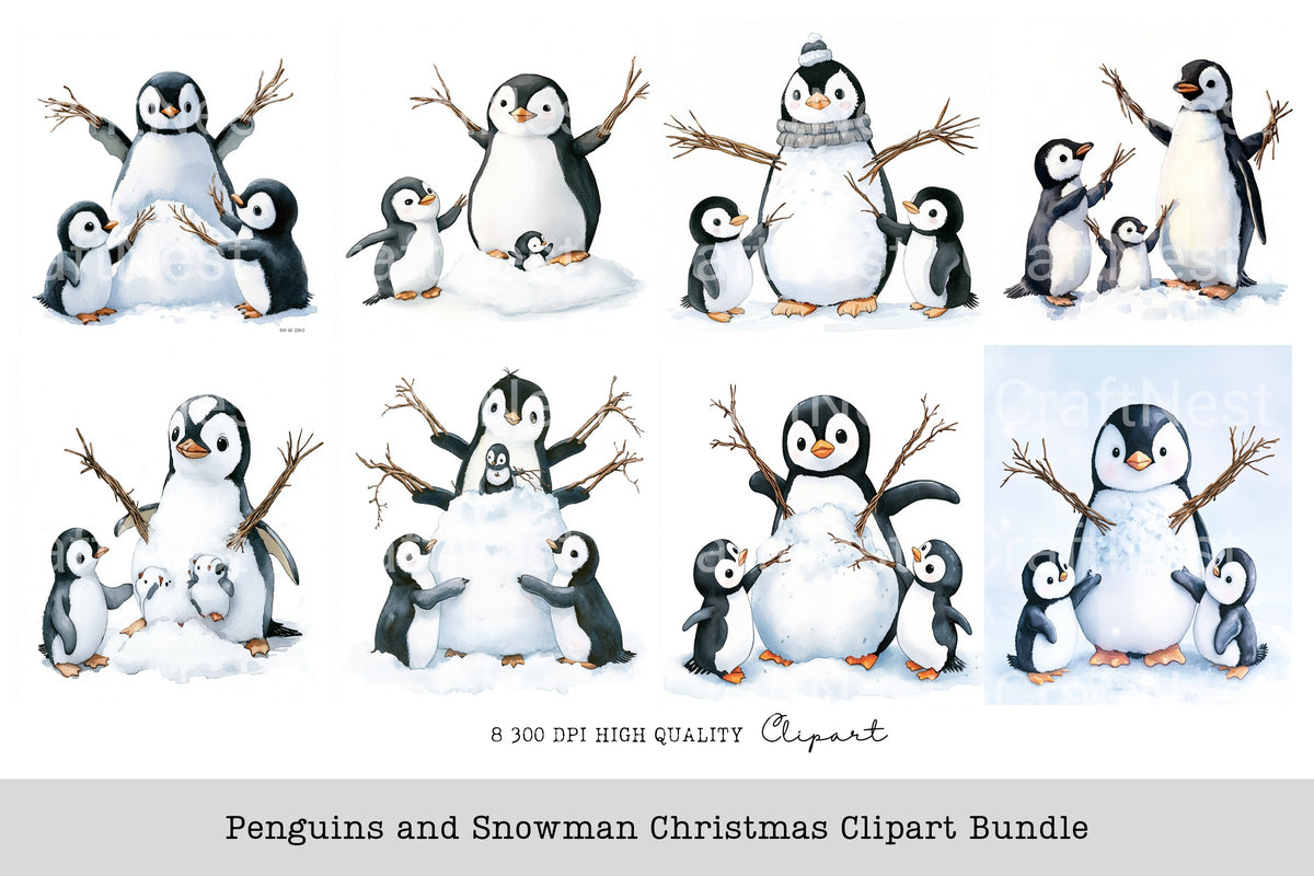 Penguins And Snowman Christmas Clipart Bundle