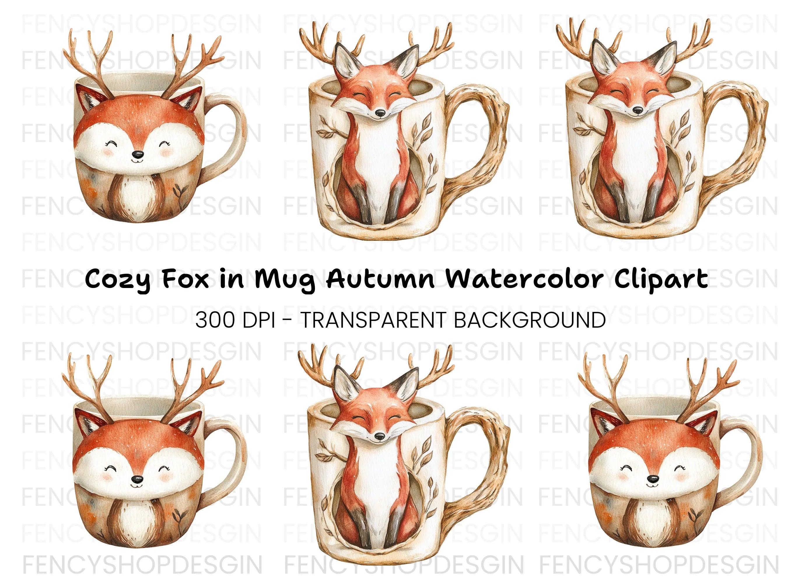 Cute Fox and Deer Mugs Clipart Bundle