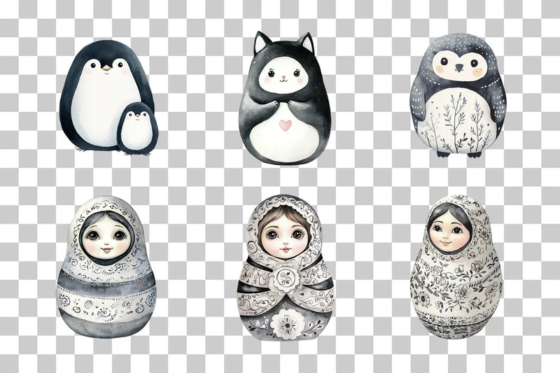 Black and White Matryoshka Doll Clipart Bundle - CraftNest - Digital Crafting and Art