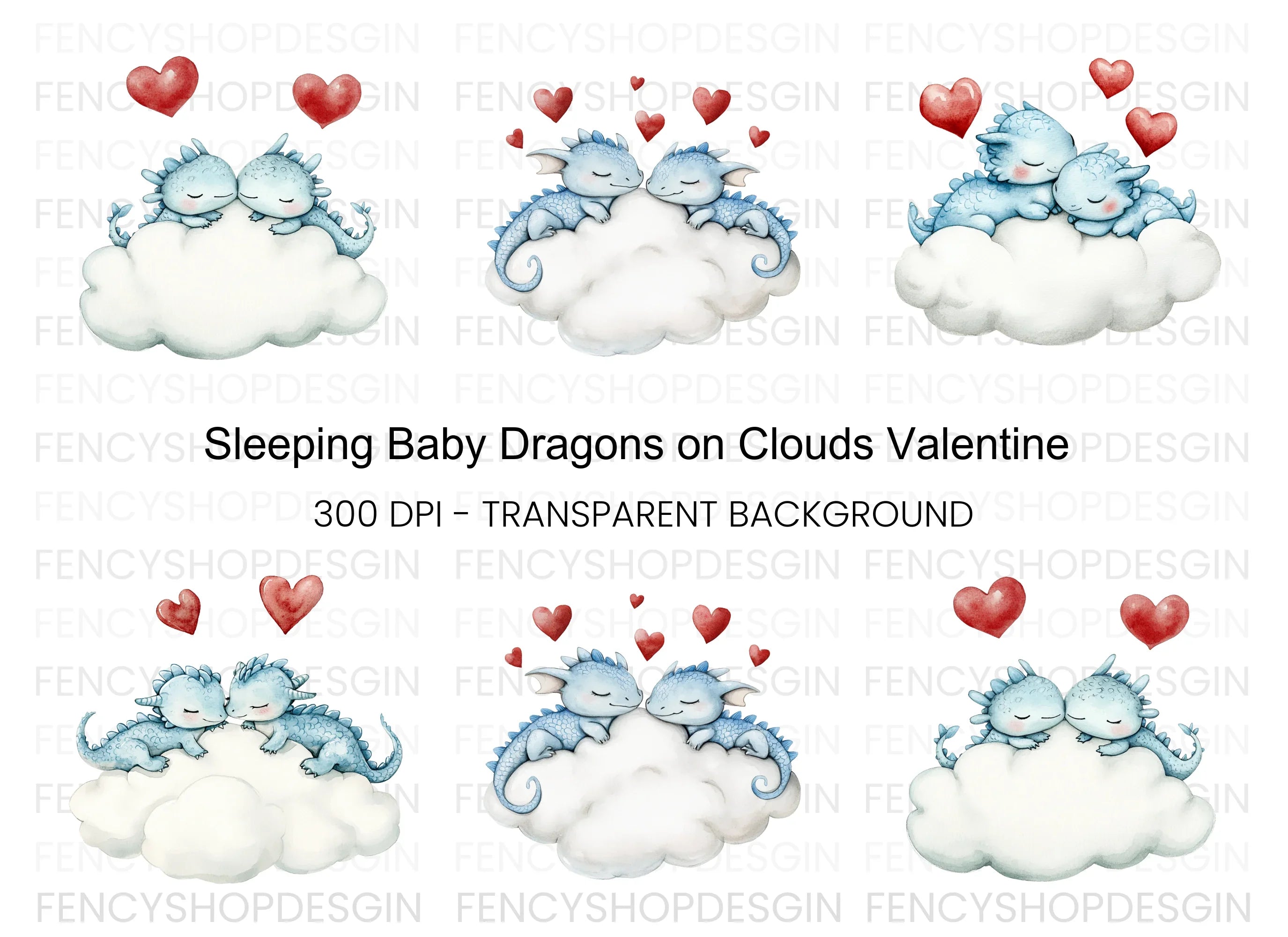 Sleeping Dragon Couple on Cloud Clipart Bundle