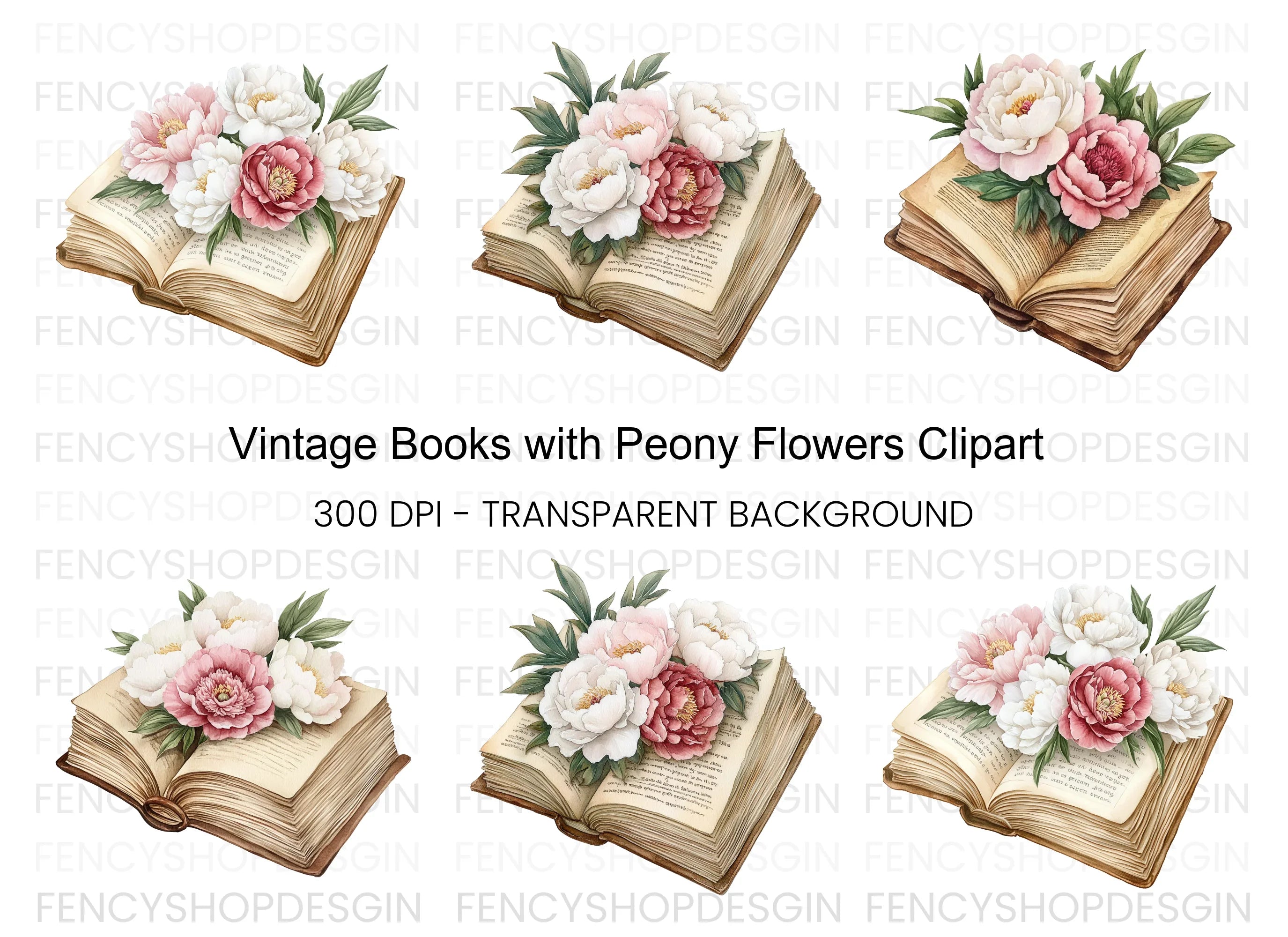 Vintage Books and Peony Flowers Clipart Bundle