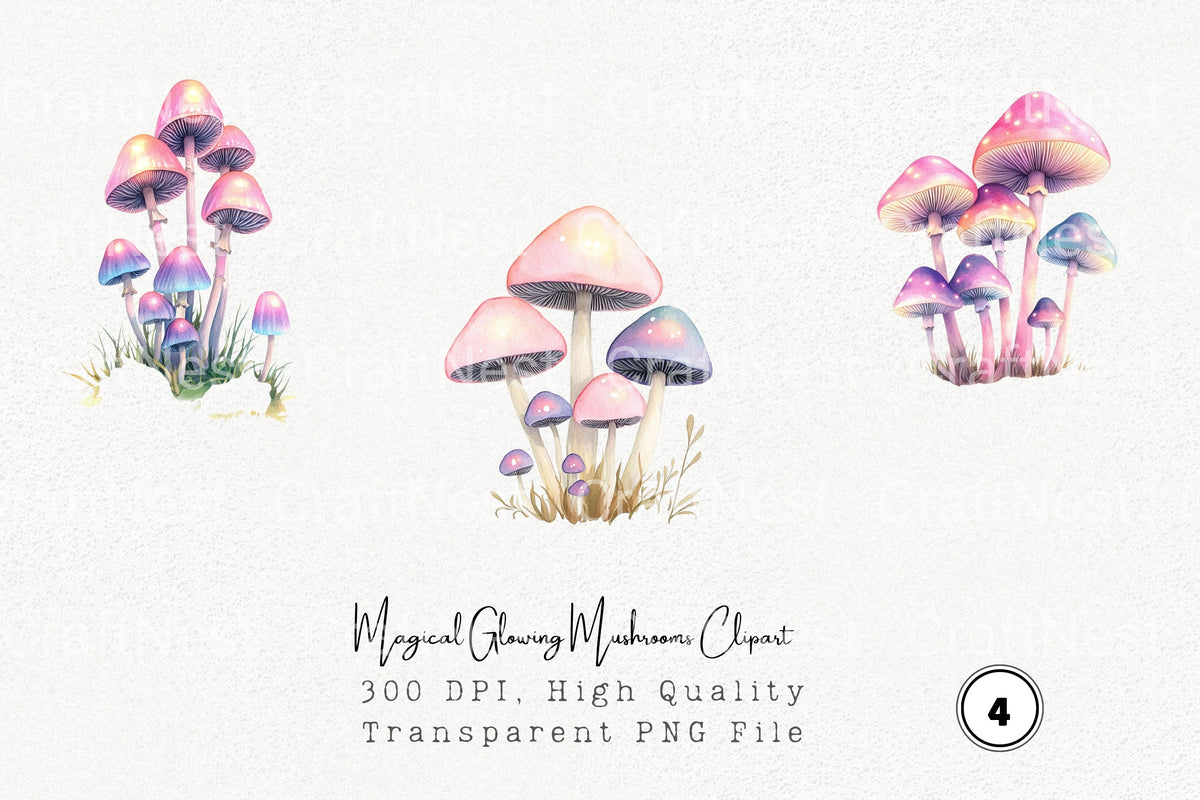 Magical Glowing Mushrooms Clipart Bundle