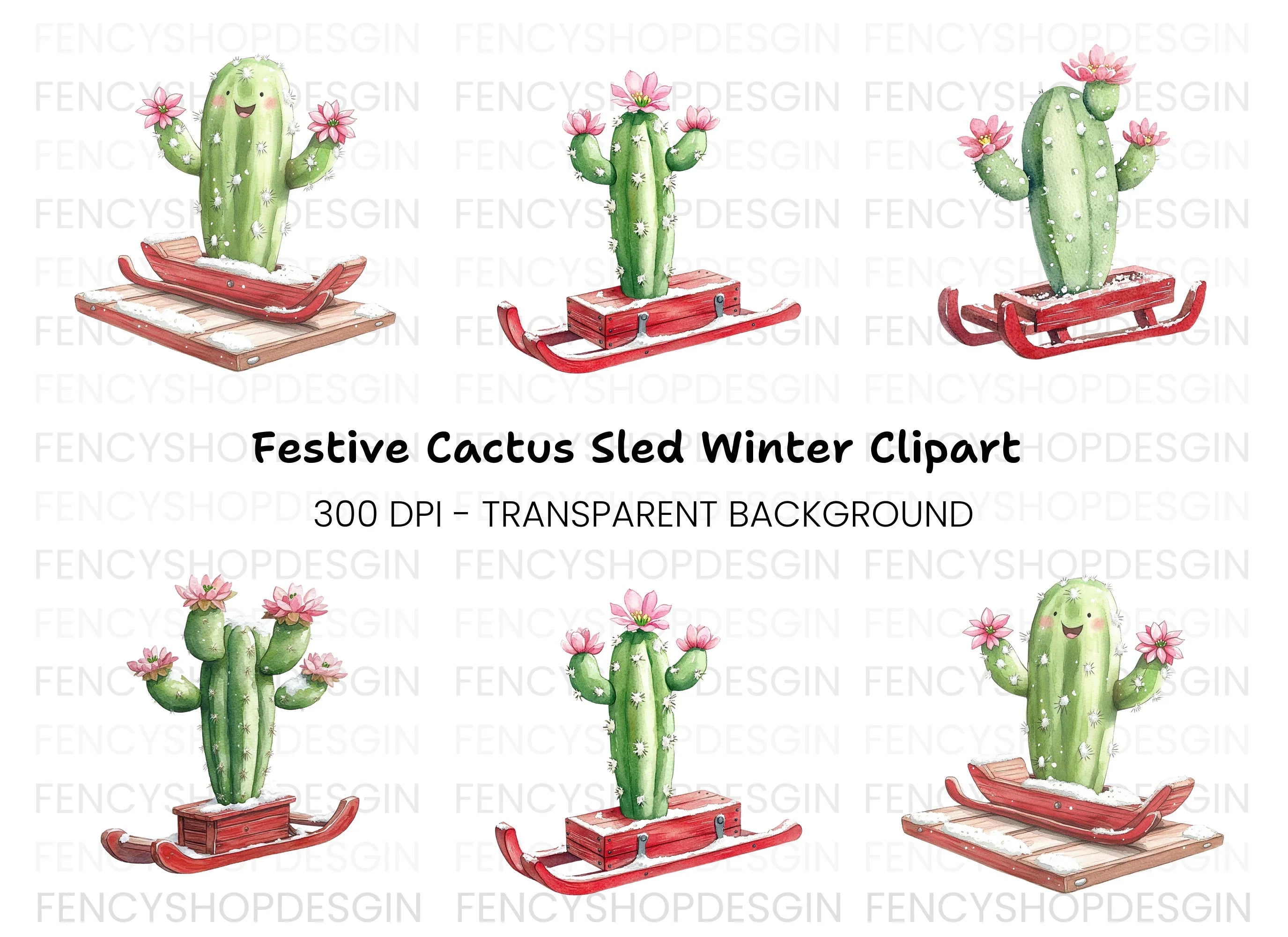 Christmas Cactus Sleigh Clipart Bundle