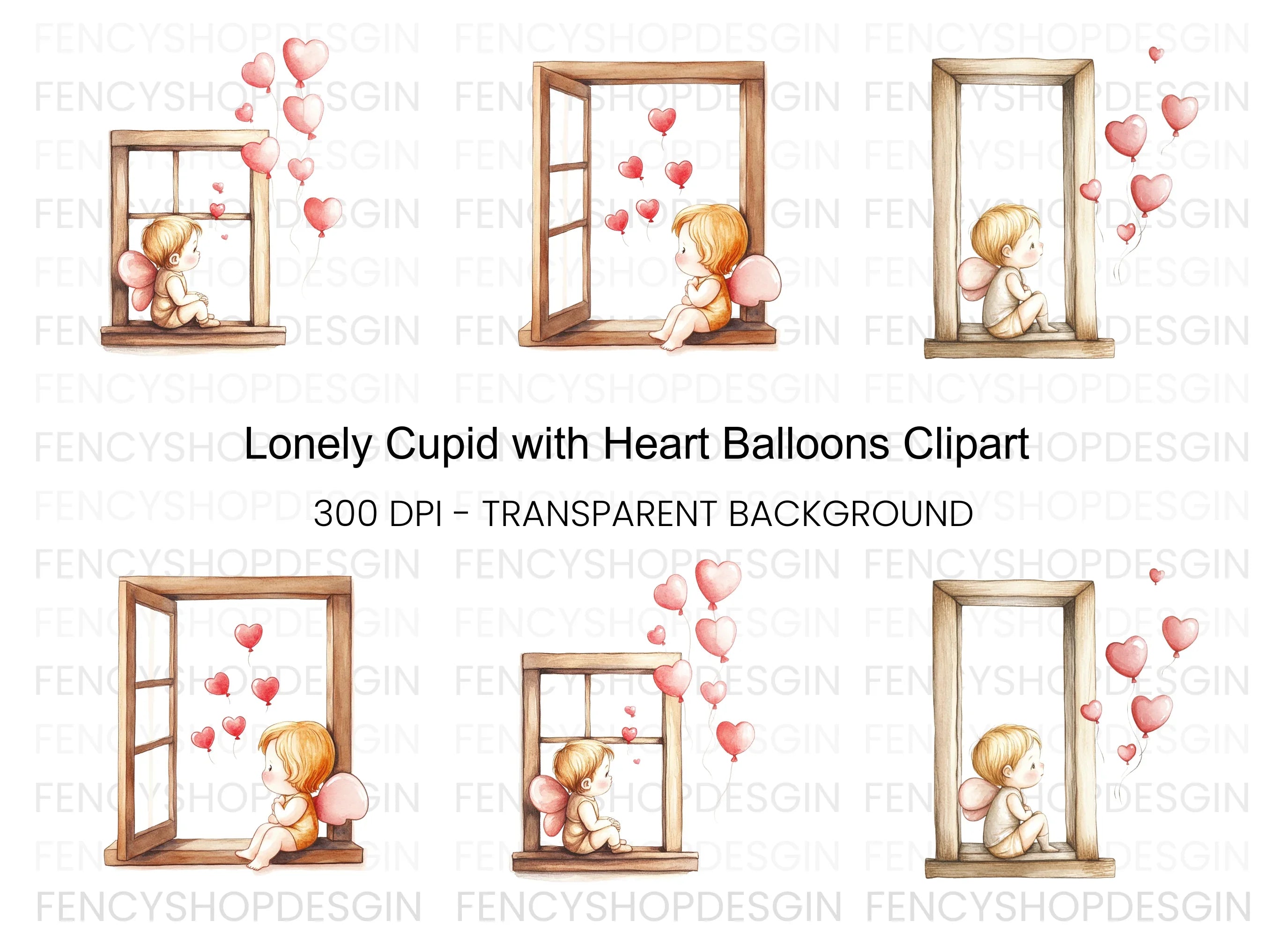 Sad Cupid with Heart Balloons Clipart Bundle
