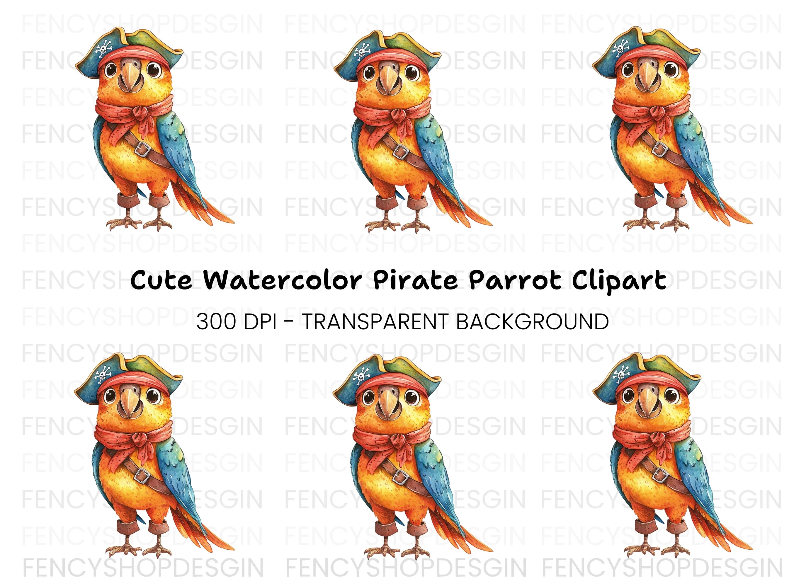 Cute Pirate Parrot Illustration Clipart Bundle