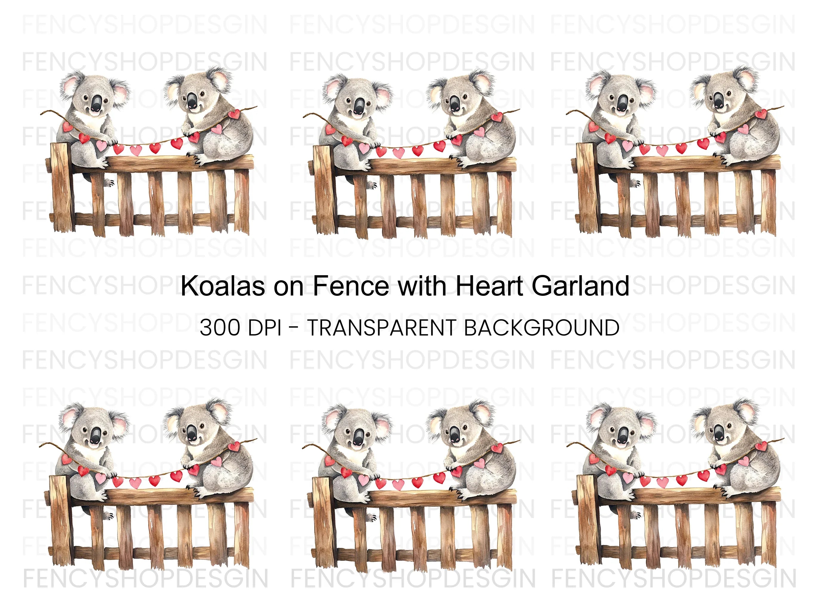 Koalas on Fence with Heart Garland Clipart Bundle