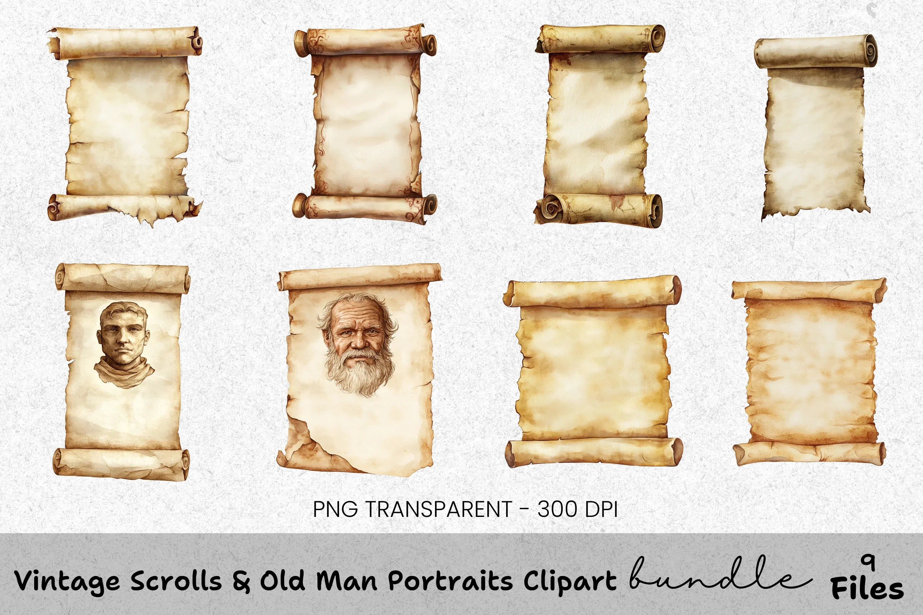 Vintage Scrolls Old Man Portraits Clipart Bundle