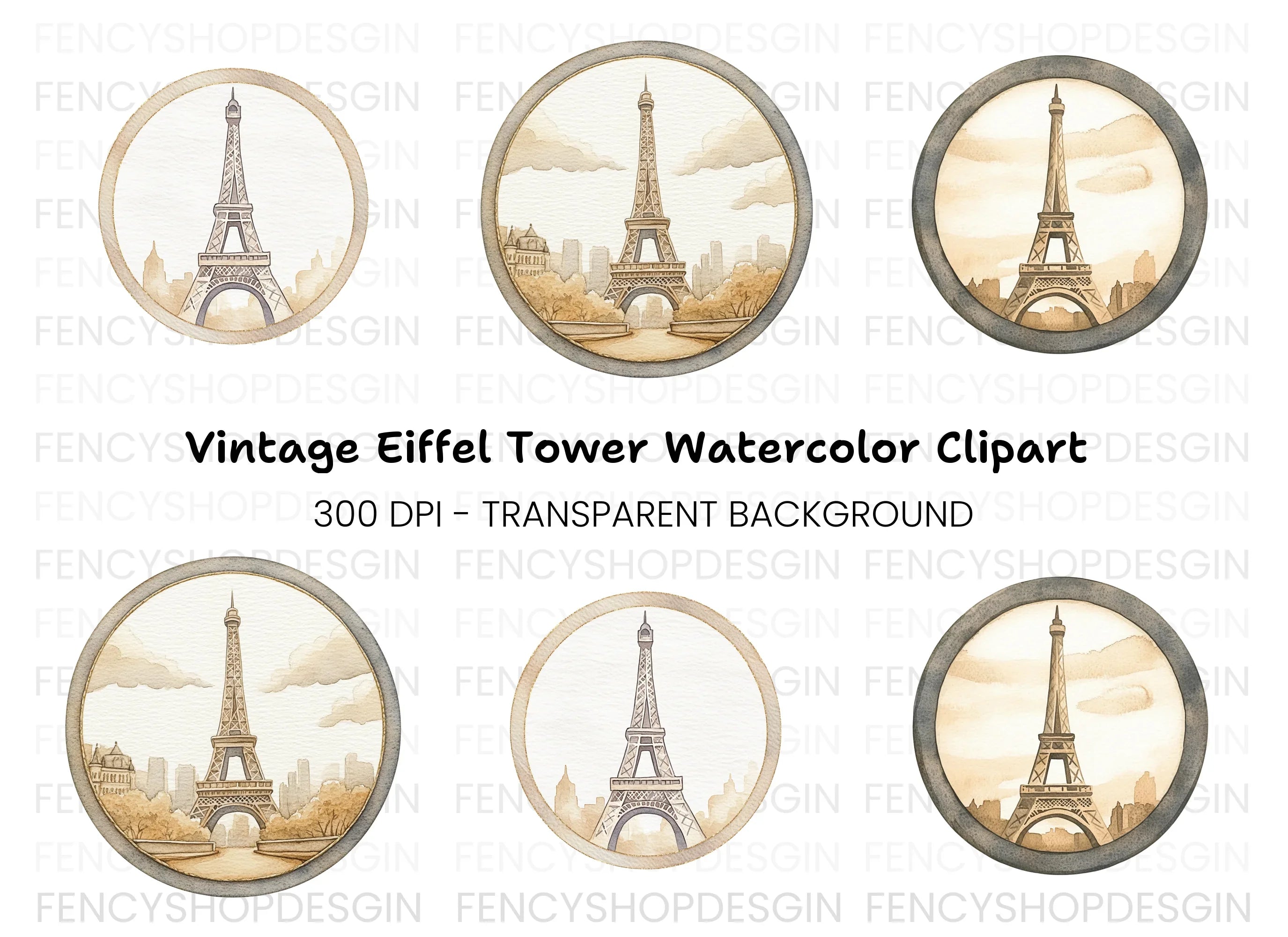 Vintage Eiffel Tower Circle Clipart Bundle