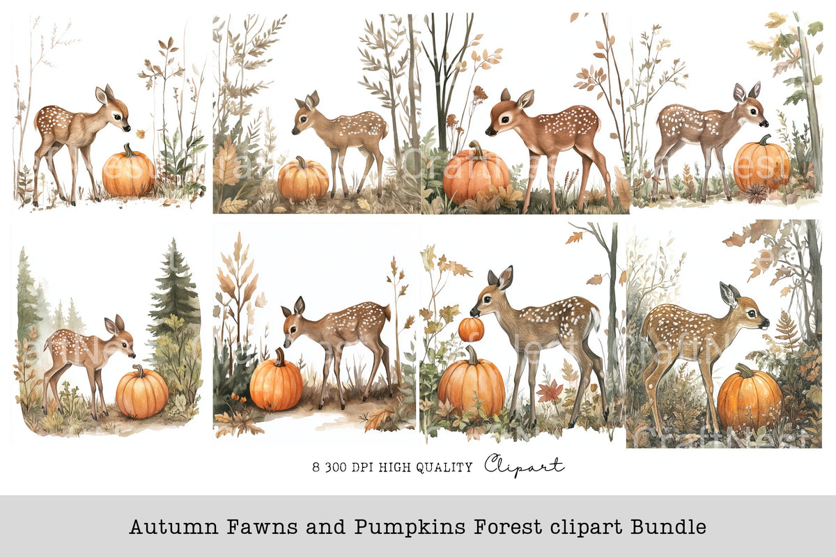 Autumn Fawns And Pumpkins Forest Clipart Bundle