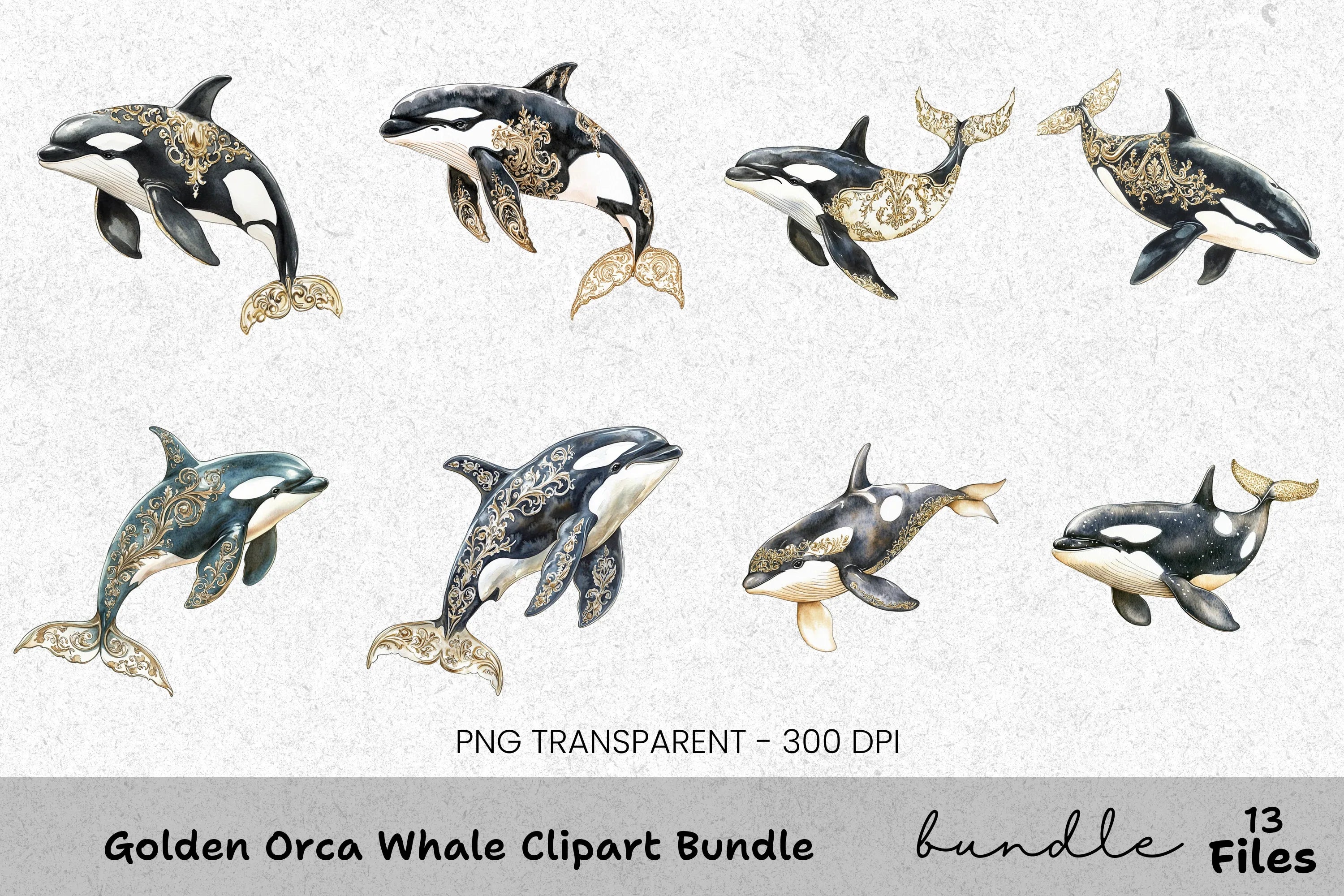 Golden Orca Whale Clipart Bundle