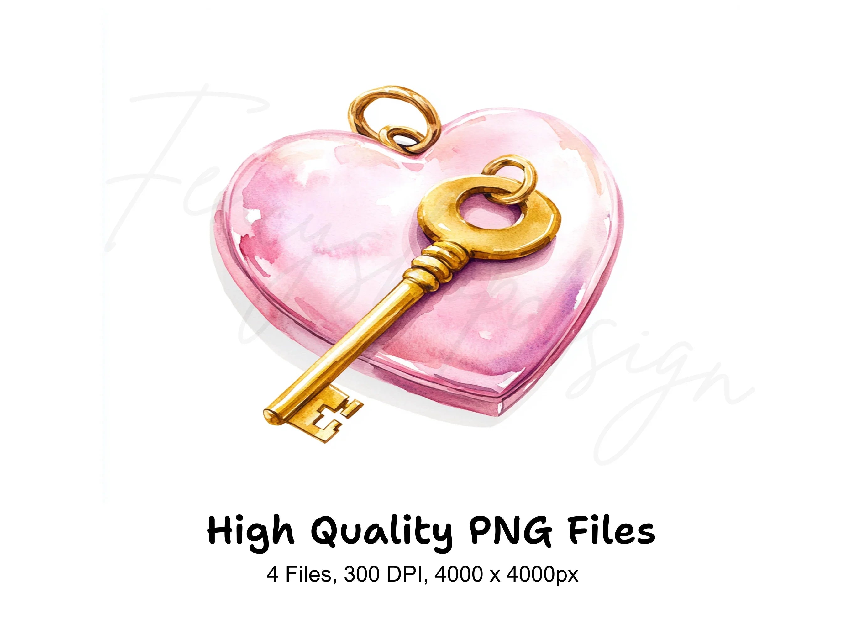 Pink Heart and Gold Key Clipart Bundle