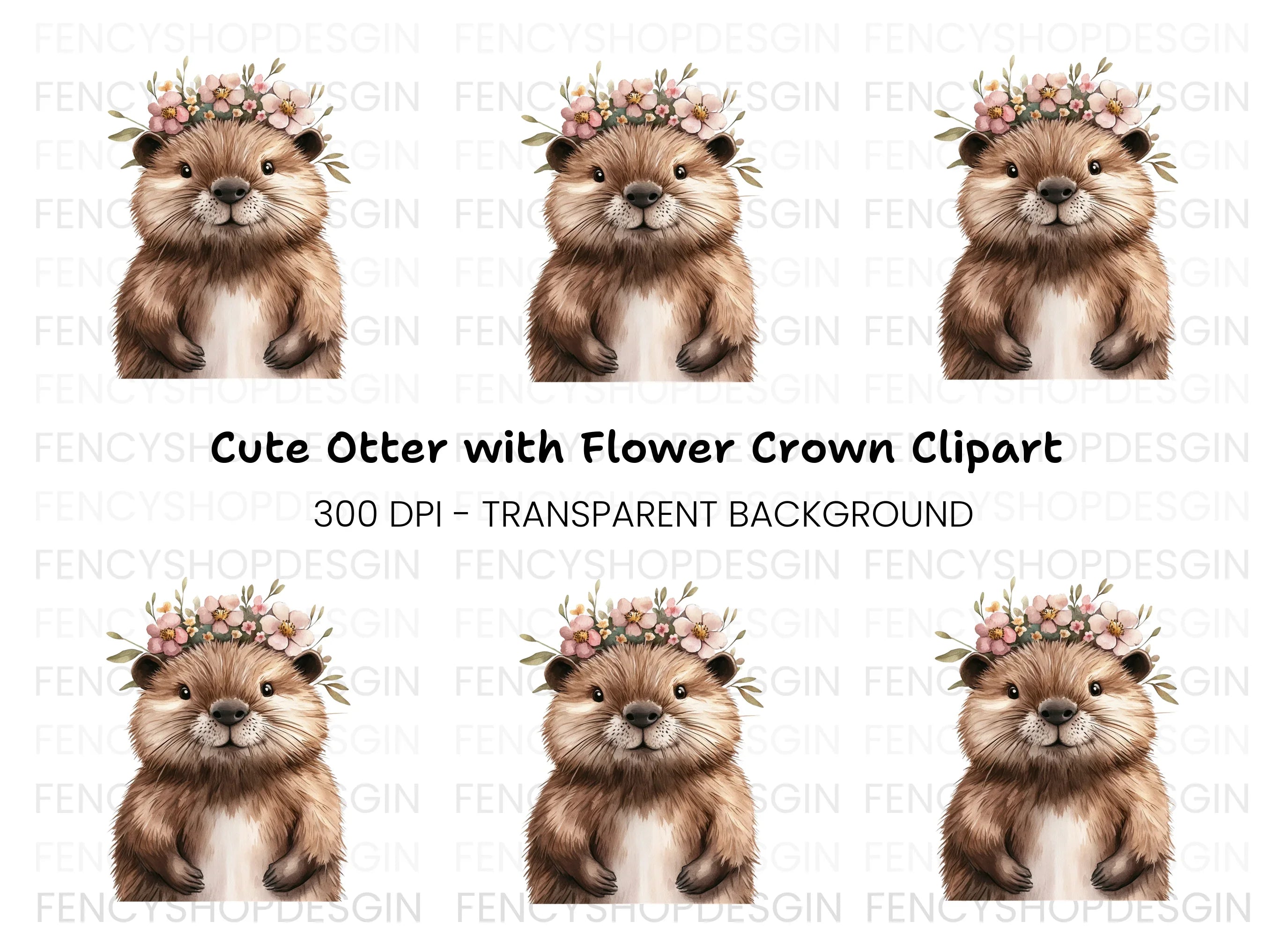 Cute Otter with Flower Crown Clipart Bundle