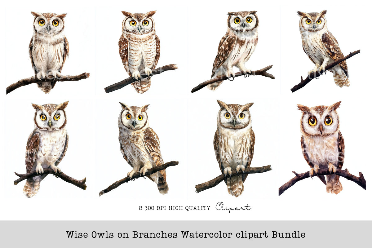 Wise Owls On Branches Clipart Bundle