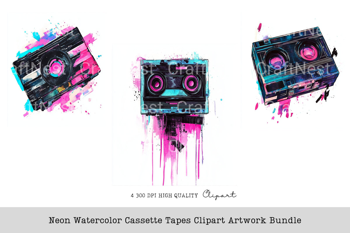 Neon Cassette Tapes Artwork Clipart Bundle