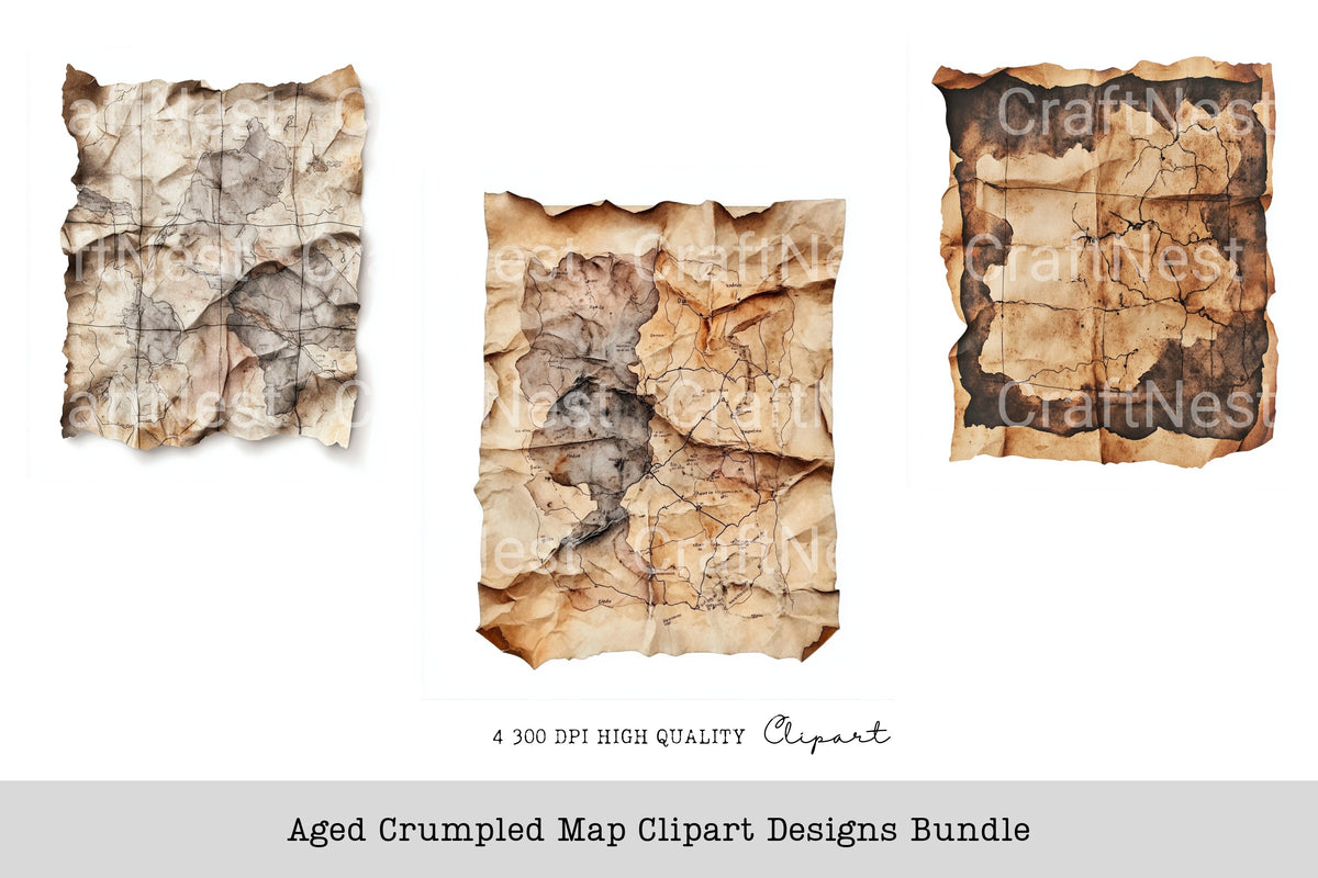 Aged Crumpled Map Designs Clipart Bundle