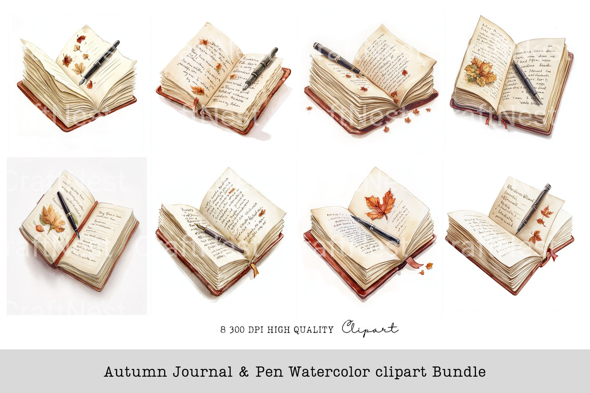 Autumn Pen Watercolor Clipart Journal