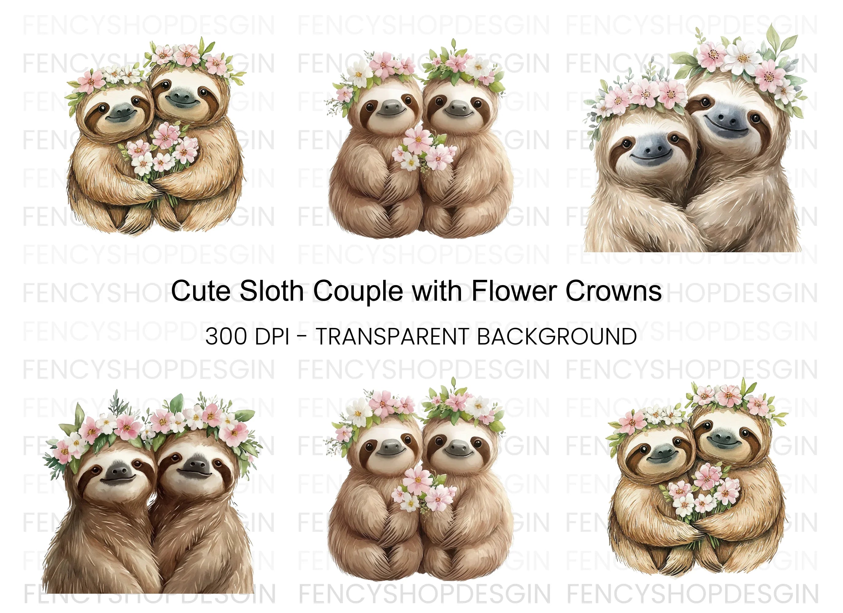 Cute Sloth Couples with Flower Crowns Clipart Bundle