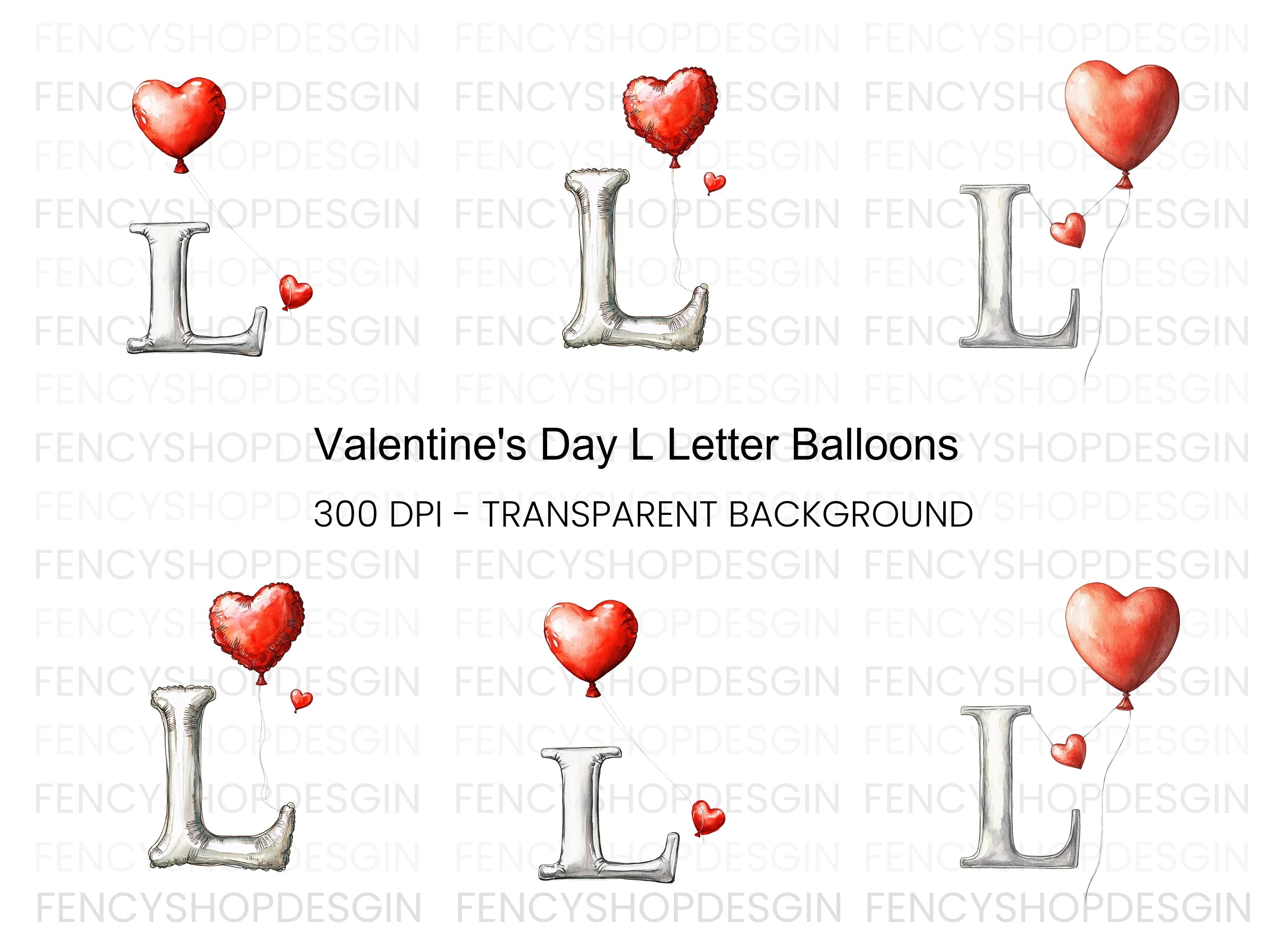 Silver Balloons with Red Hearts Clipart Bundle