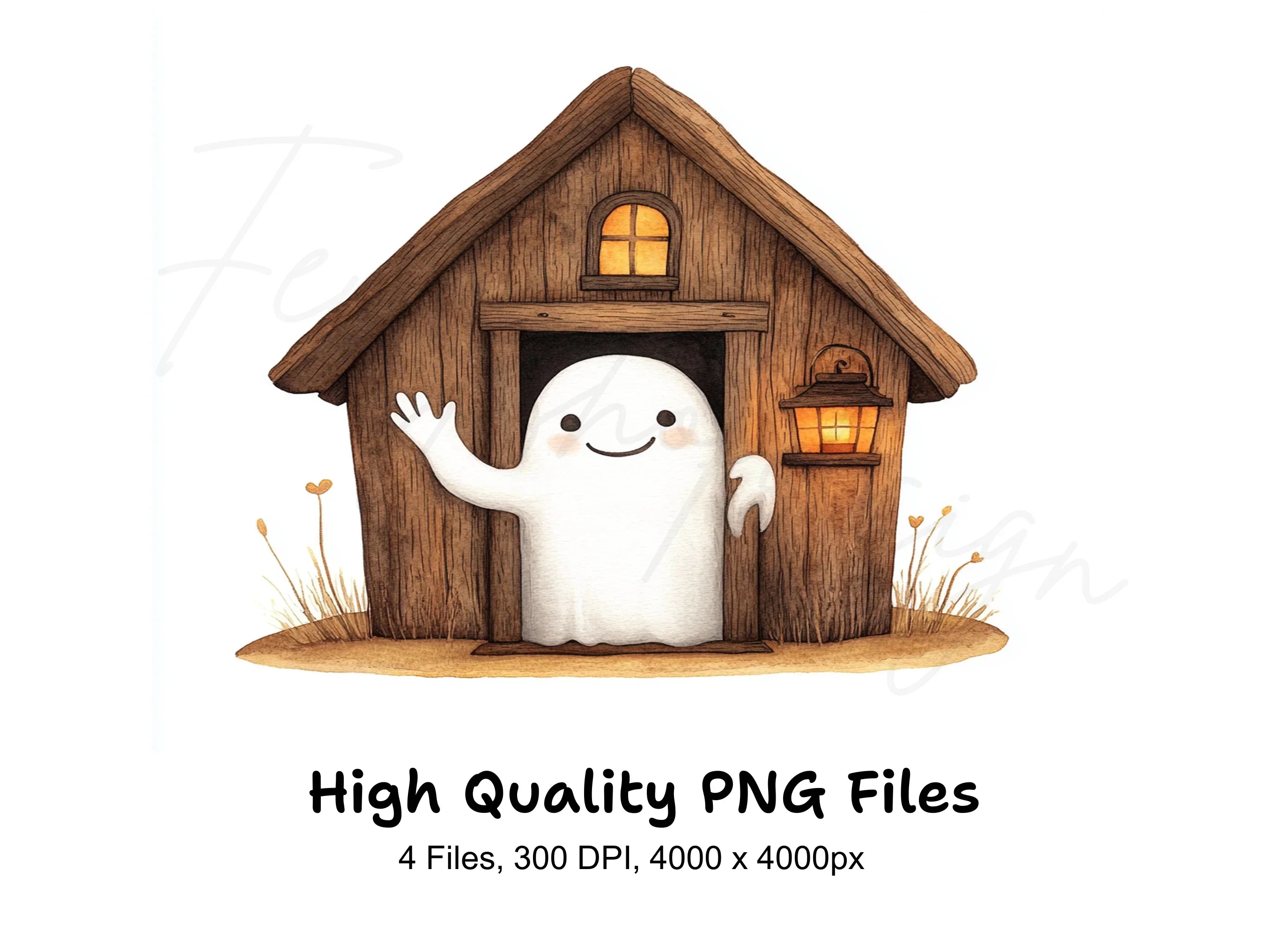 Cute Ghost in Wooden House Clipart Bundle