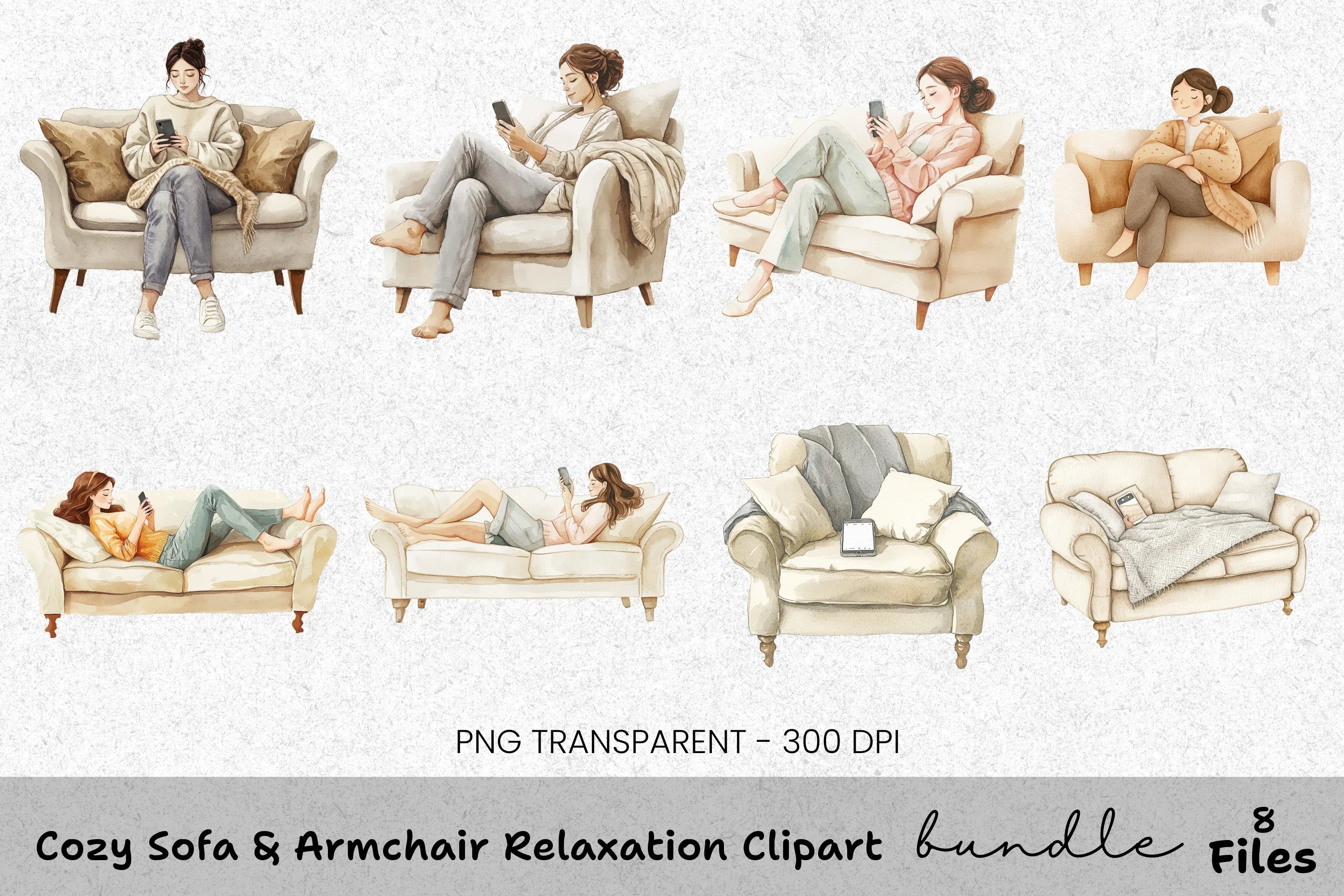 Cozy Sofa Armchair Relaxation Clipart Bundle