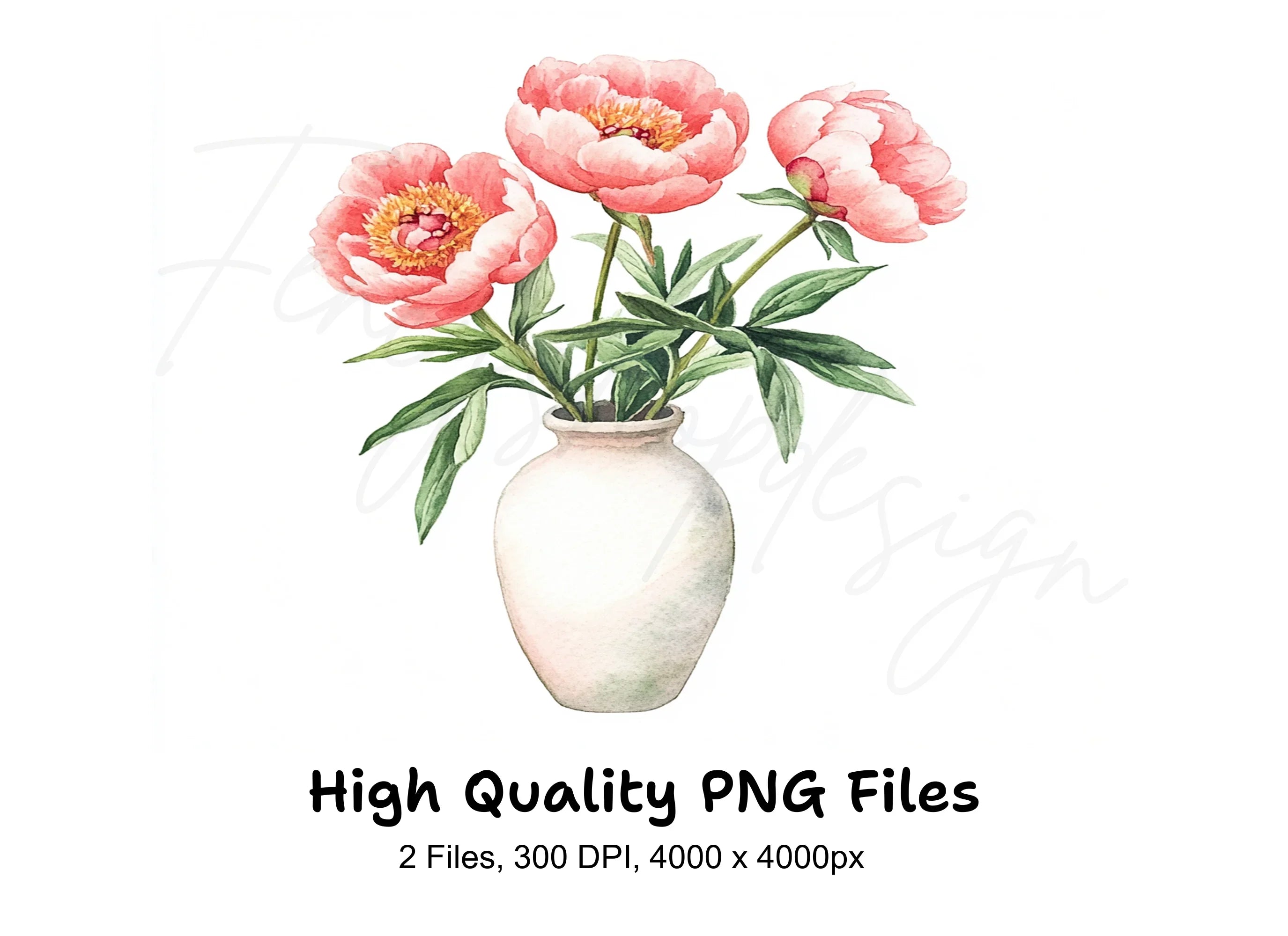 Pink Peonies in White Vase Clipart Bundle