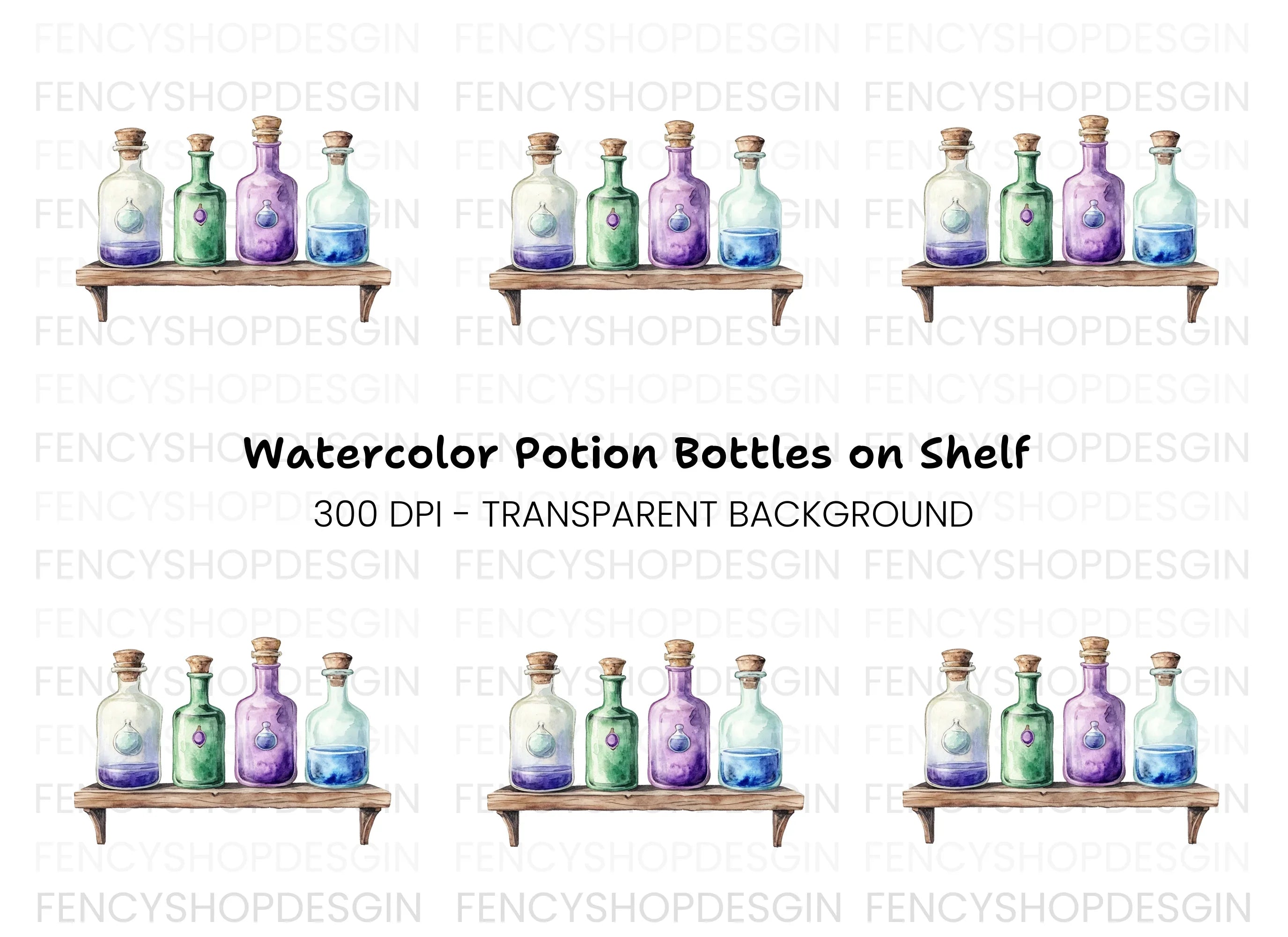 Potion Bottles on Wooden Shelf Clipart Bundle