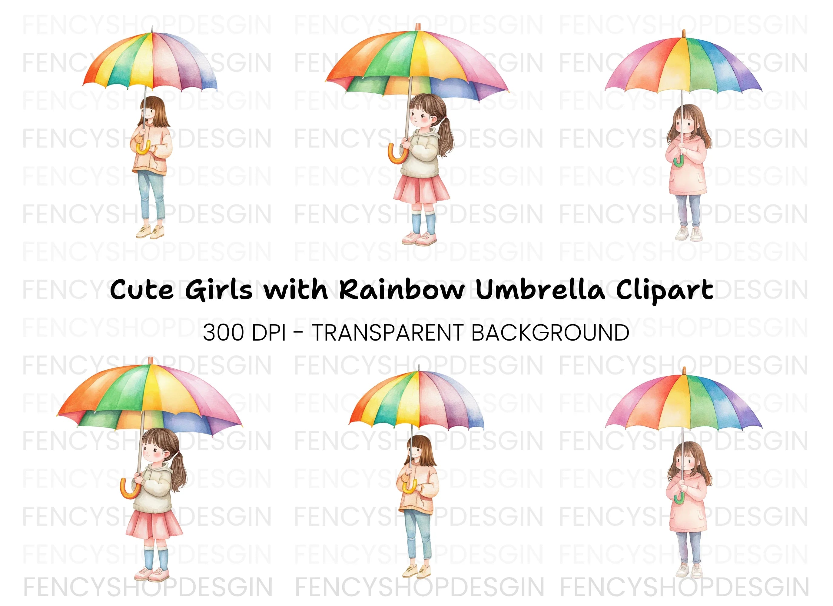 Girls with Rainbow Umbrellas Clipart Bundle