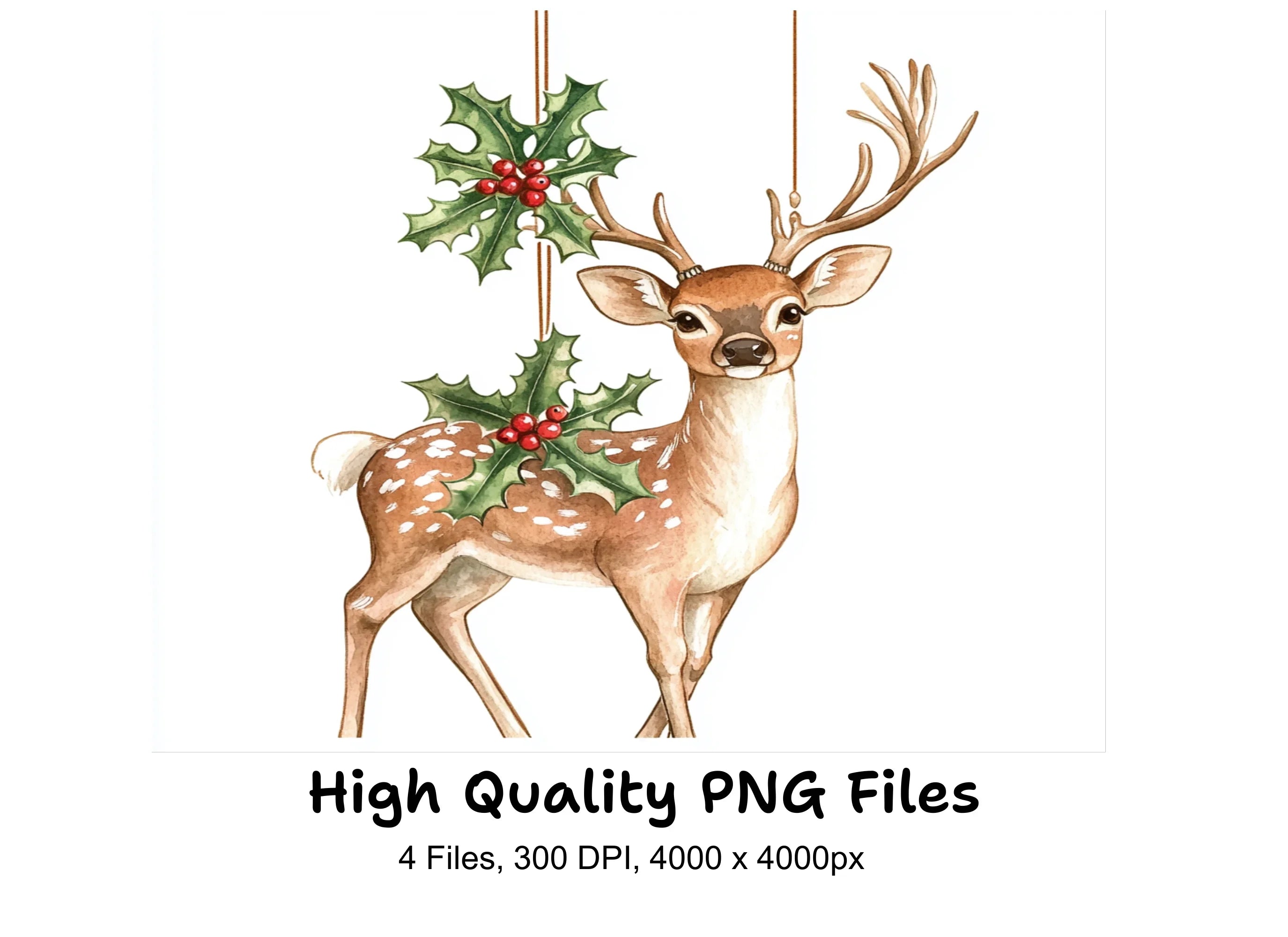 Christmas Deer with Holly Clipart Bundle