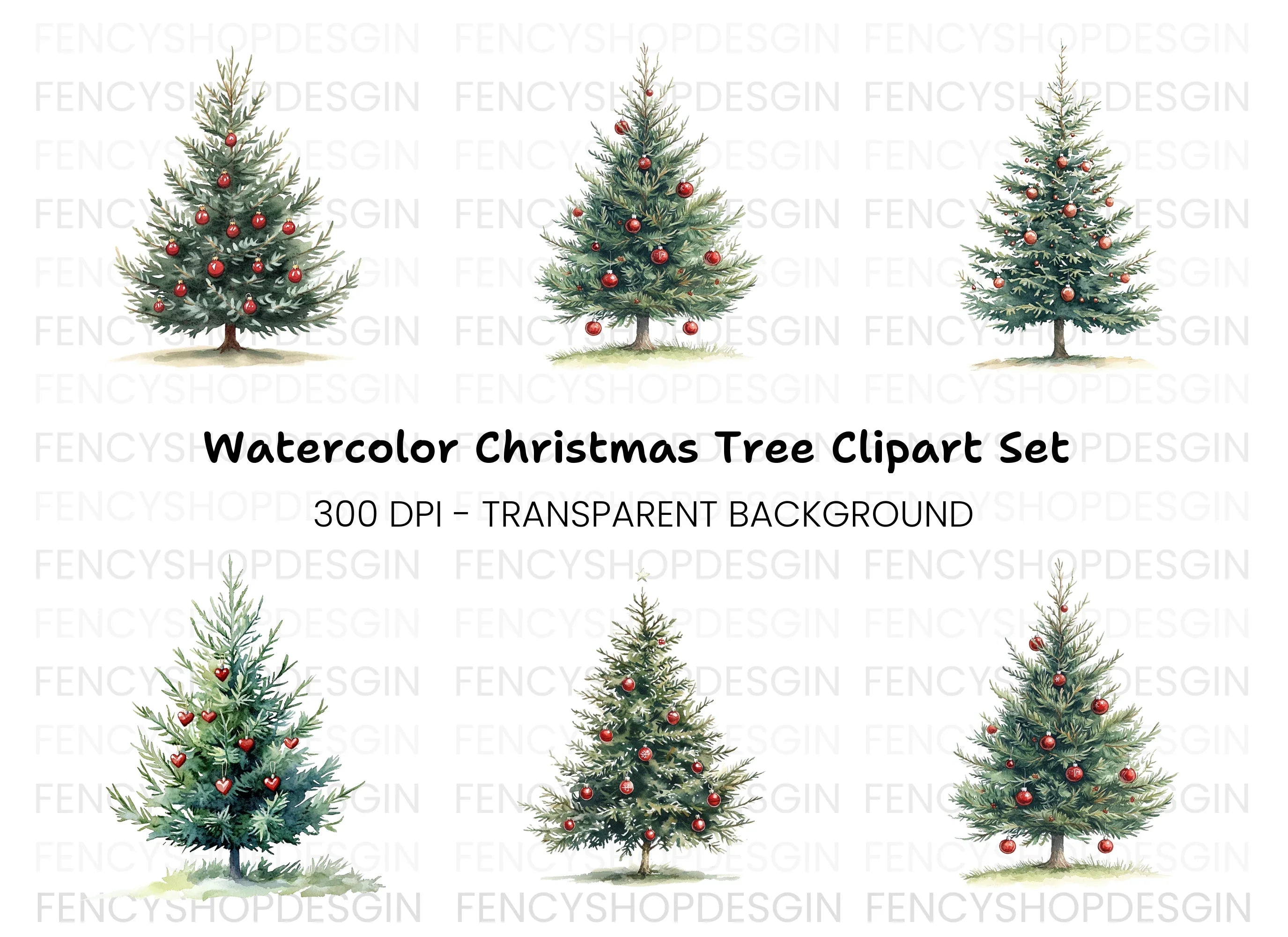 Festive Christmas Trees with Ornaments Clipart Bundle