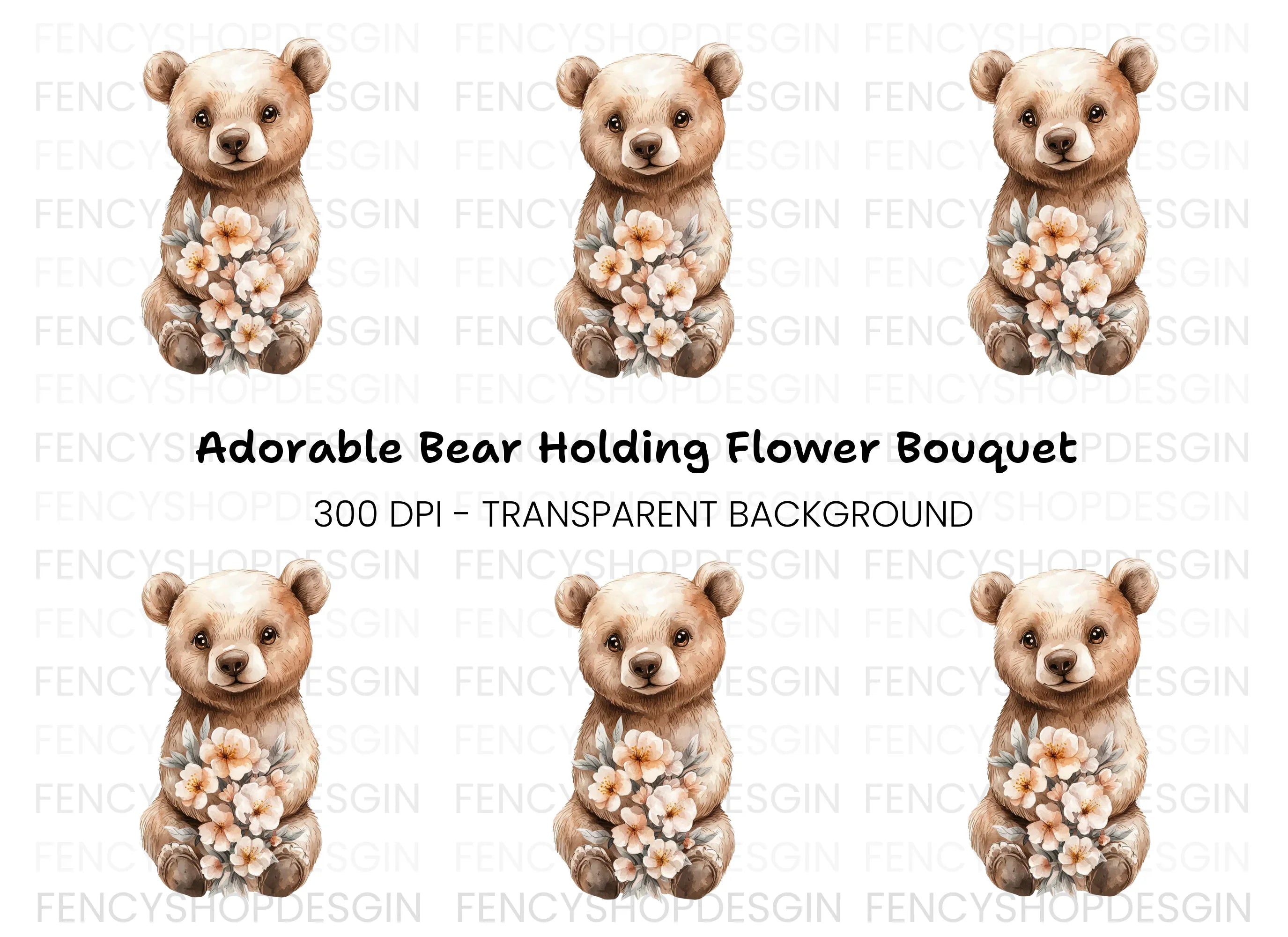 Sweet Baby Bear Holding Flowers Clipart Bundle