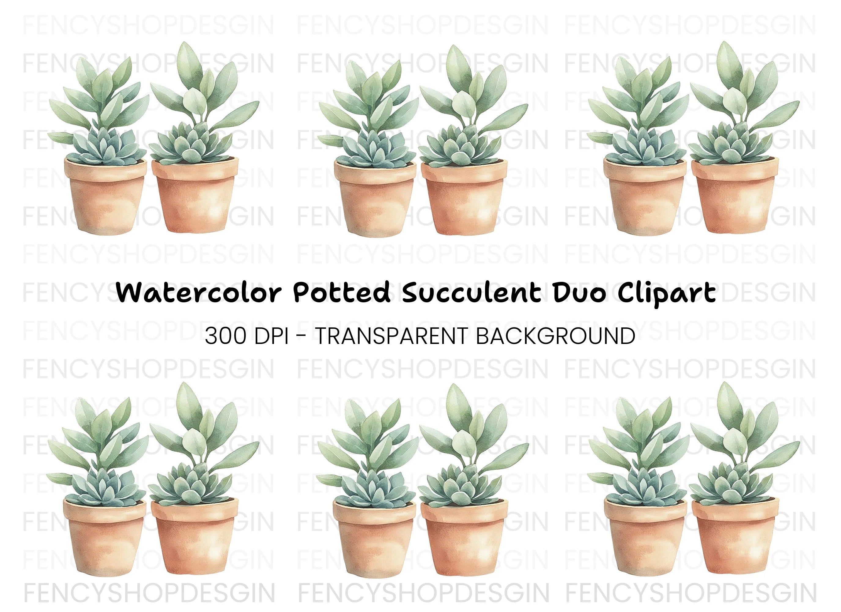 Cute Potted Succulent Duo Clipart Bundle