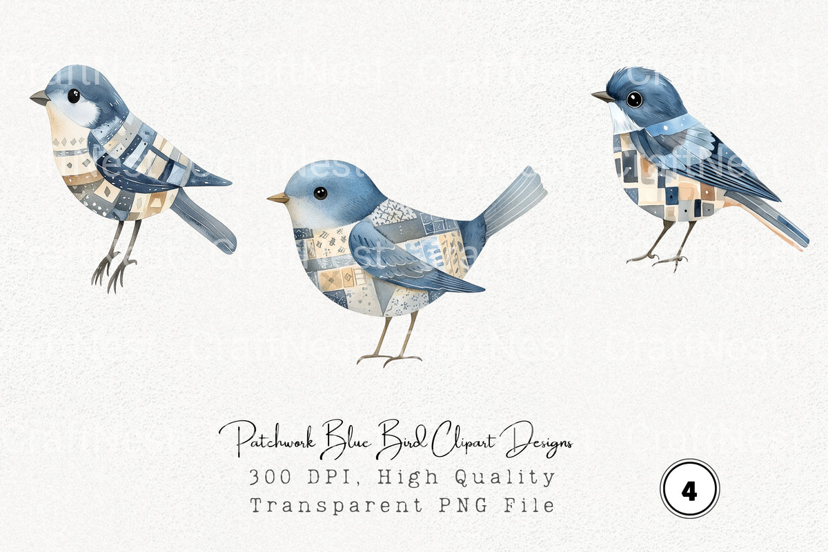 Patchwork Blue Bird Designs Clipart Bundle