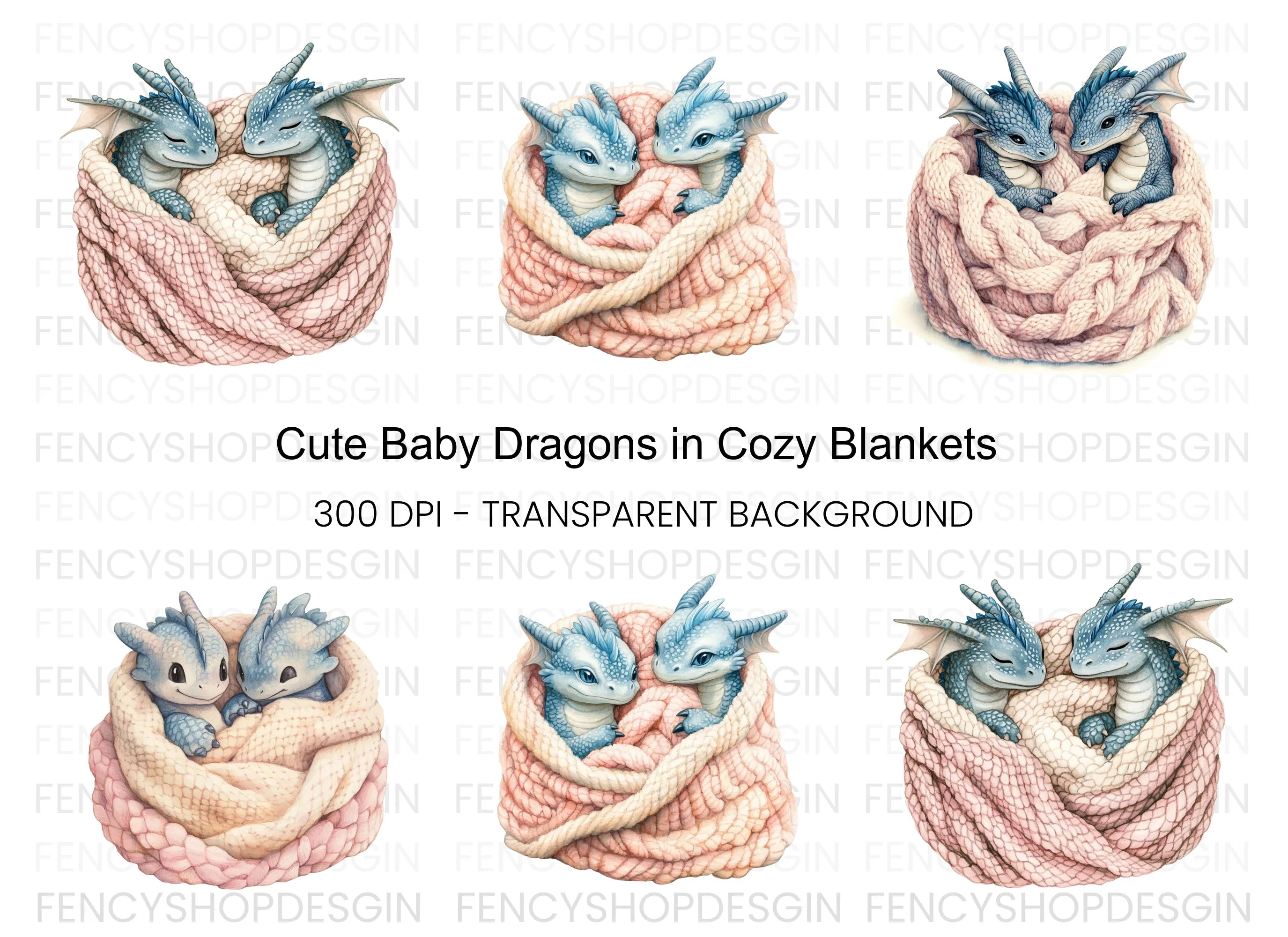 Cute Baby Dragons in Knitted Blanket Clipart Bundle