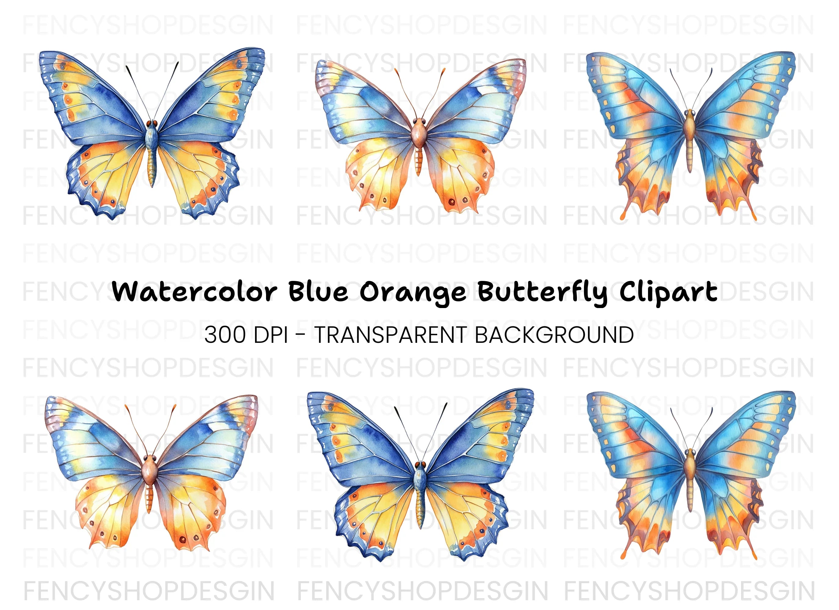 Blue and Orange Butterflies Clipart Bundle