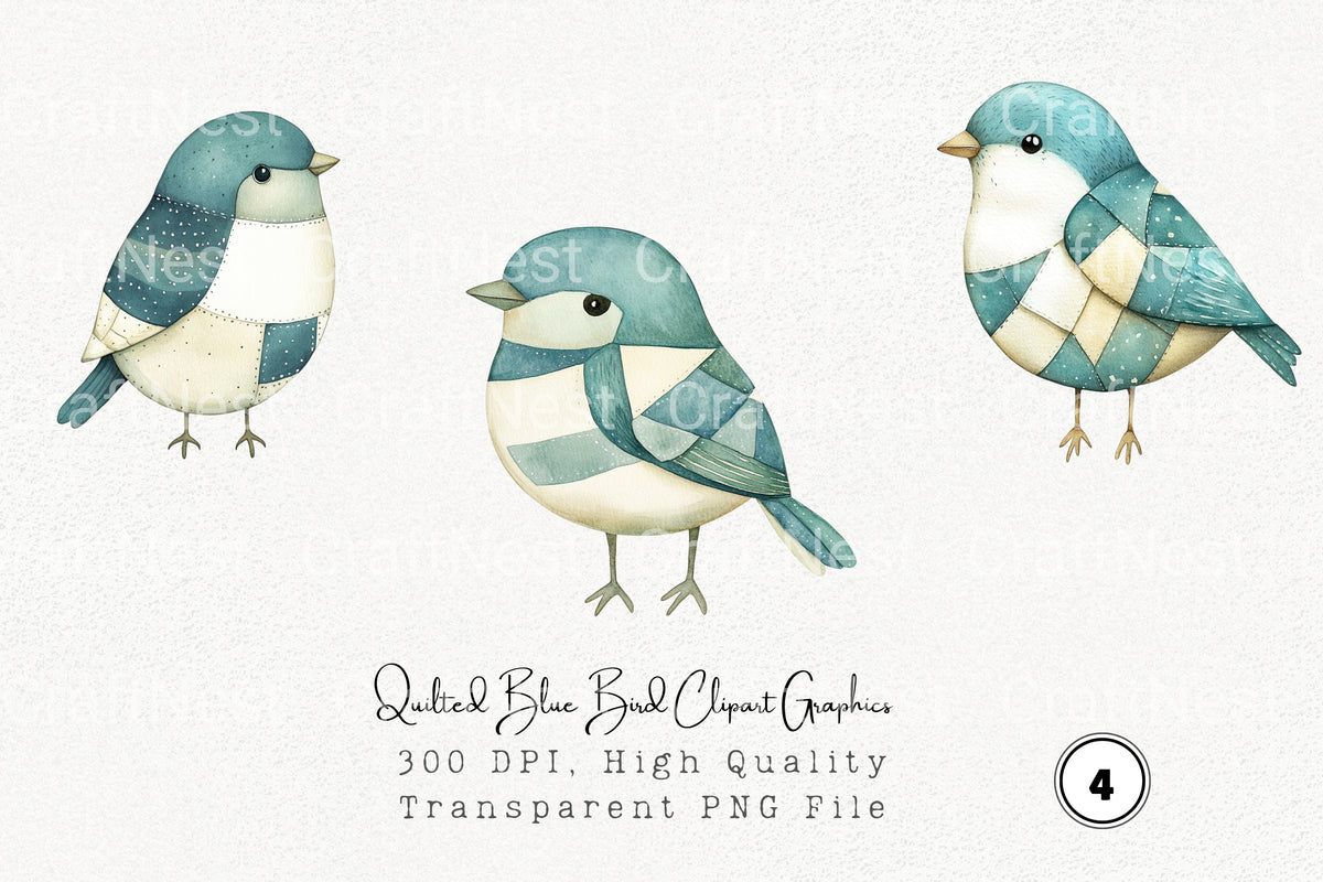 Quilted Blue Bird Graphics Clipart Bundle