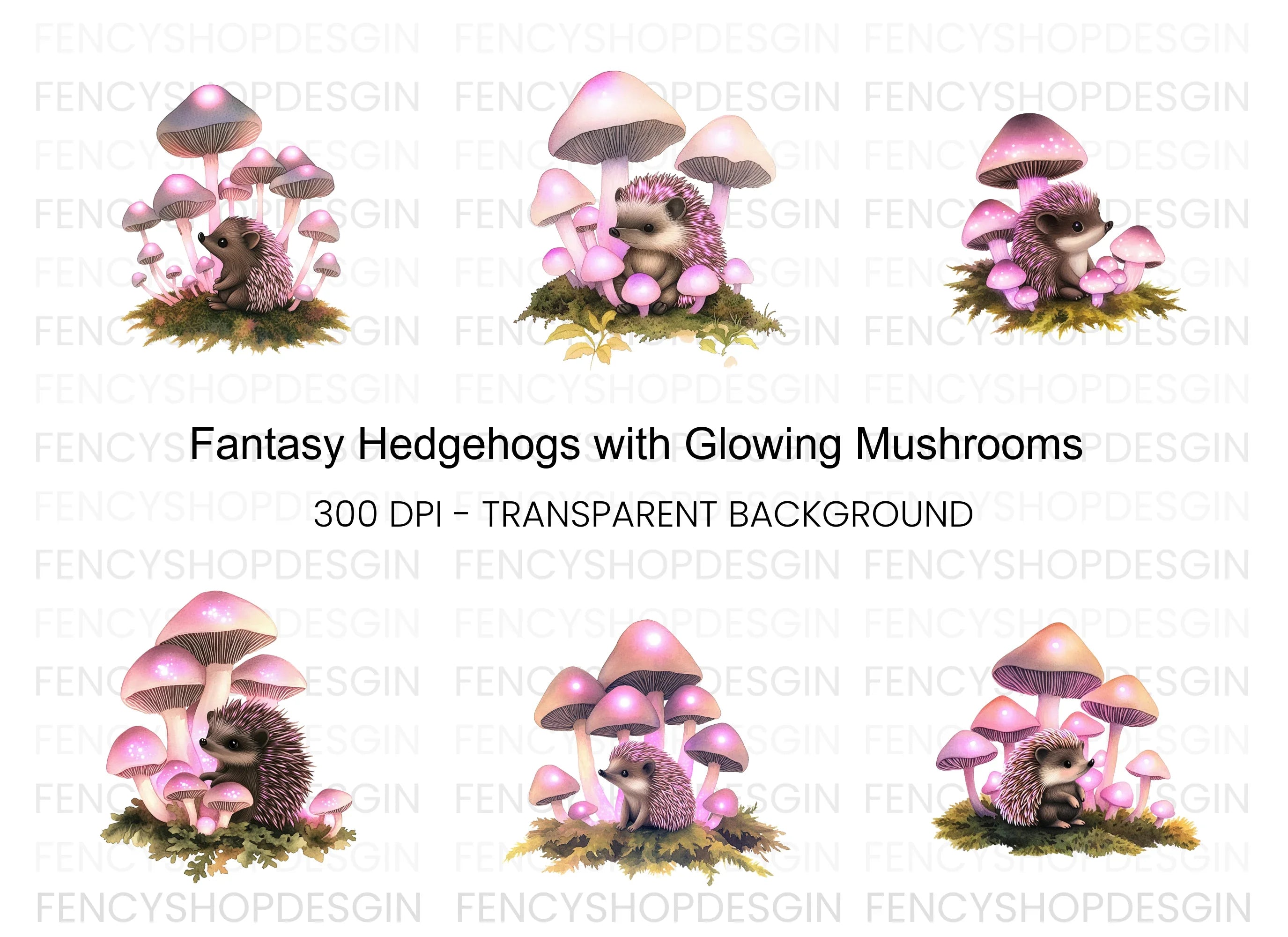 Fantasy Hedgehogs with Pink Mushrooms Clipart Bundle