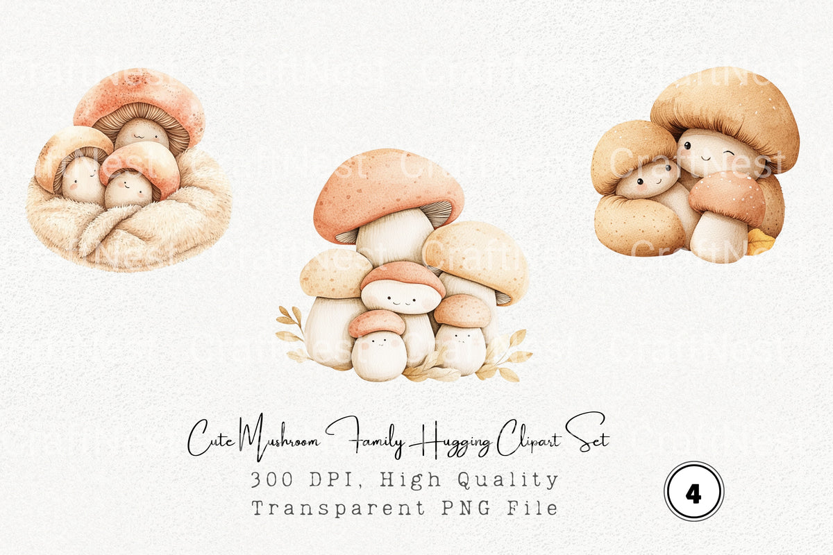 Cute Mushroom Family Hugging Clipart Bundle