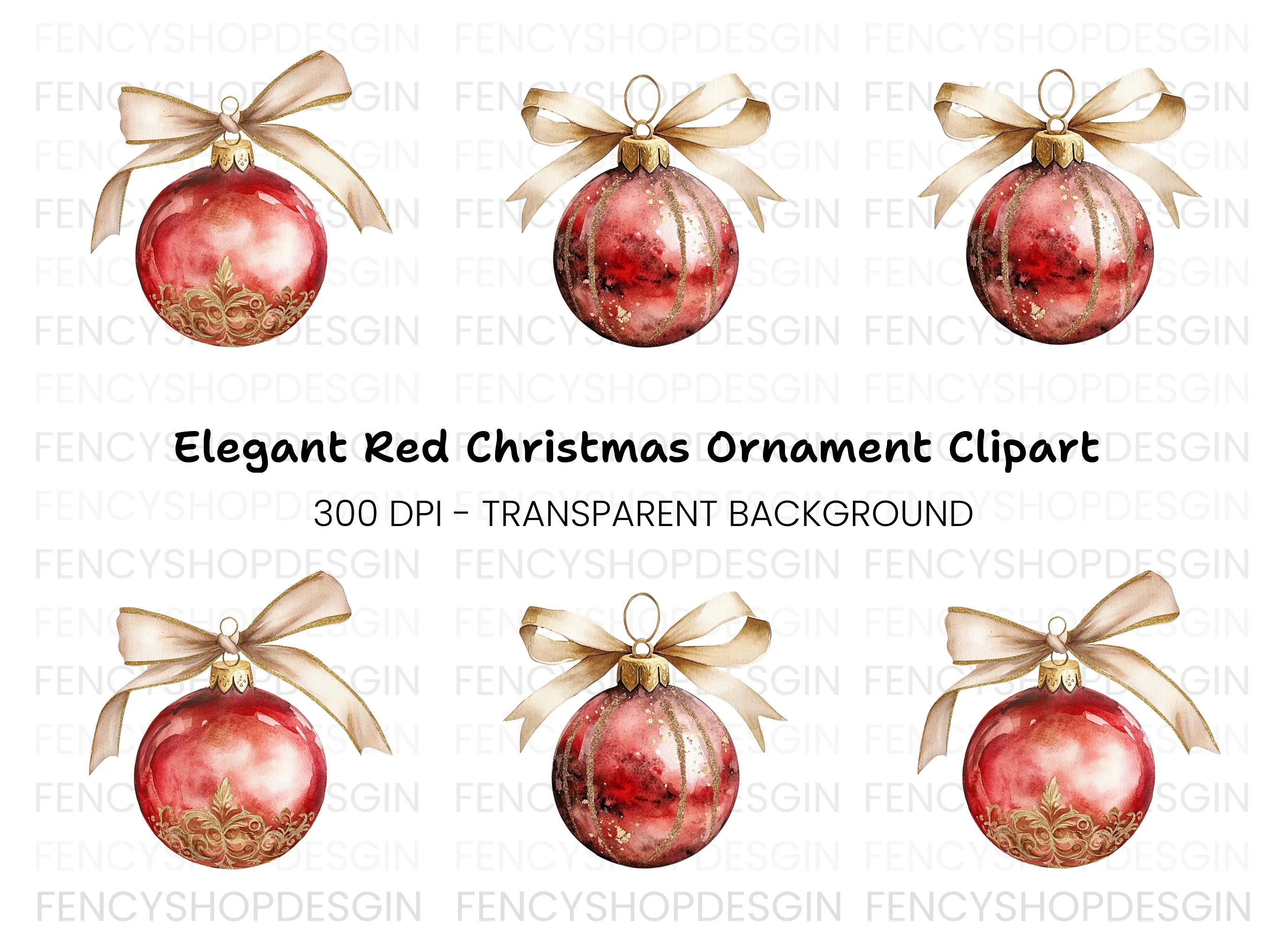 Elegant Red Christmas Ornaments Clipart Bundle