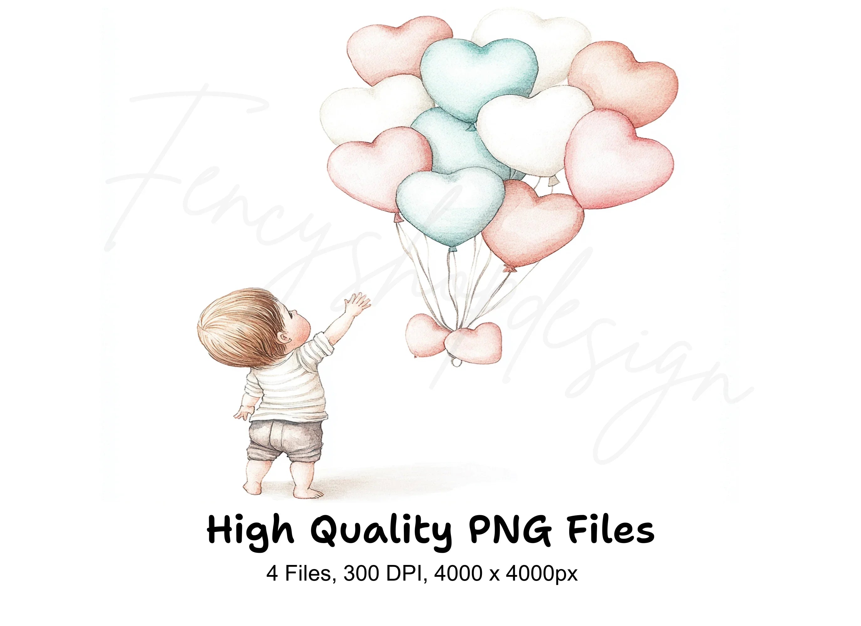 Cute Babies with Heart Balloons Clipart Bundle