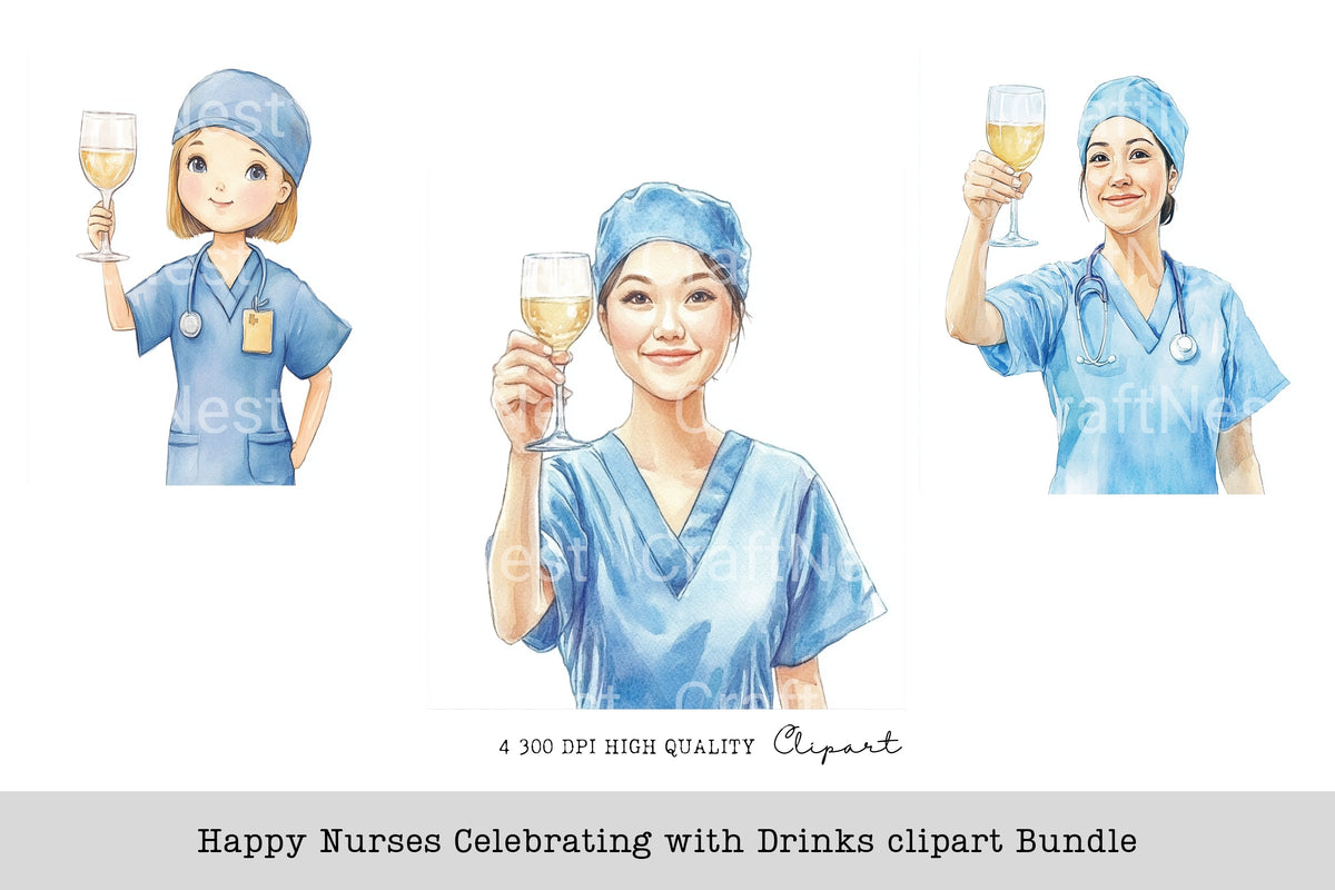 Happy Nurses Celebrating With Drinks Clipart Bundle