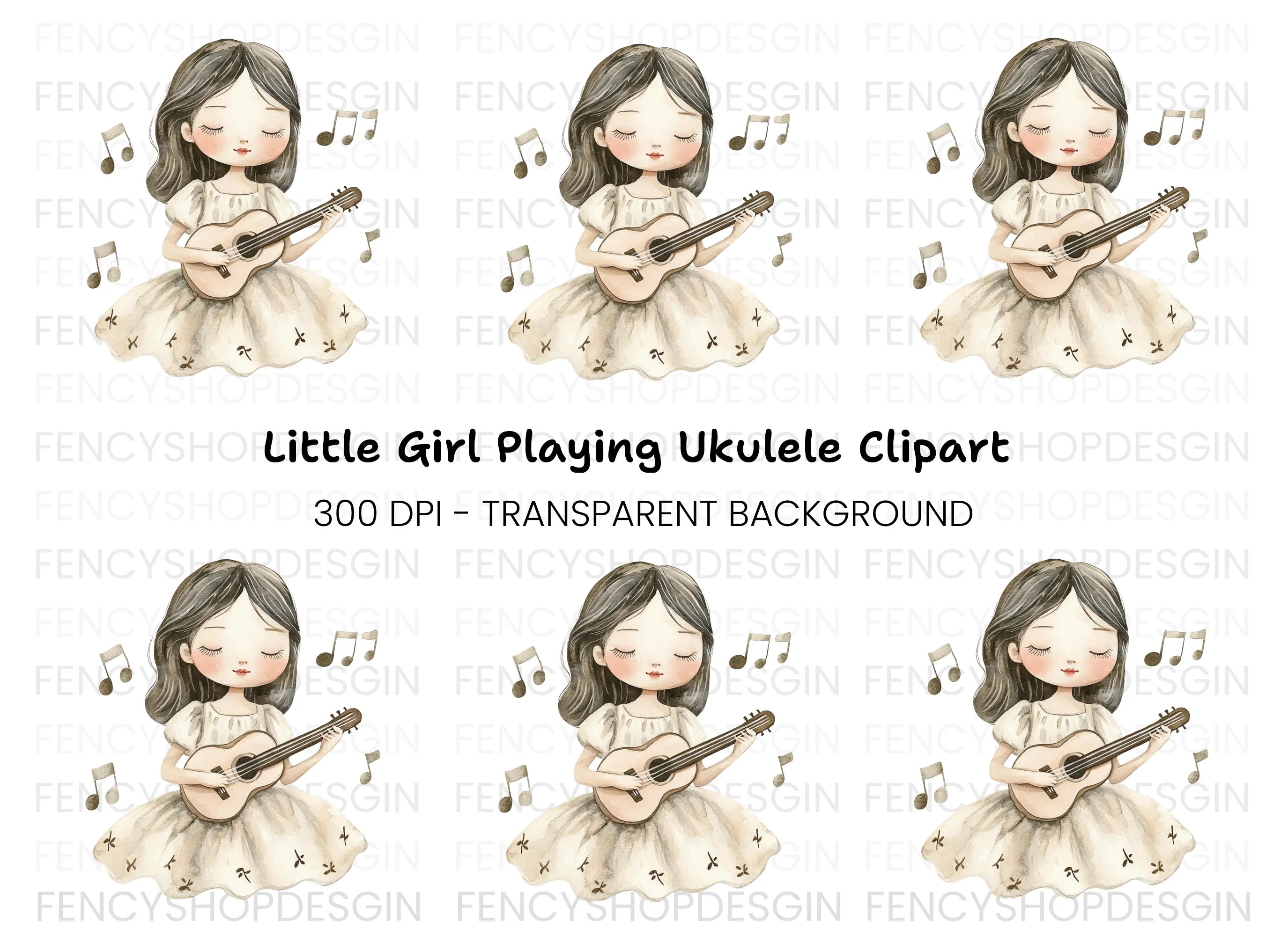 Girl Playing Ukulele with Music Notes Clipart Bundle