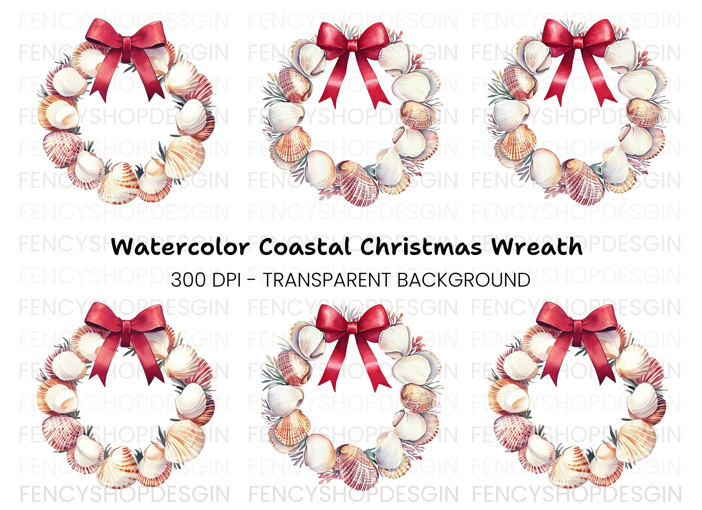 Seashell Christmas Wreath Clipart Bundle