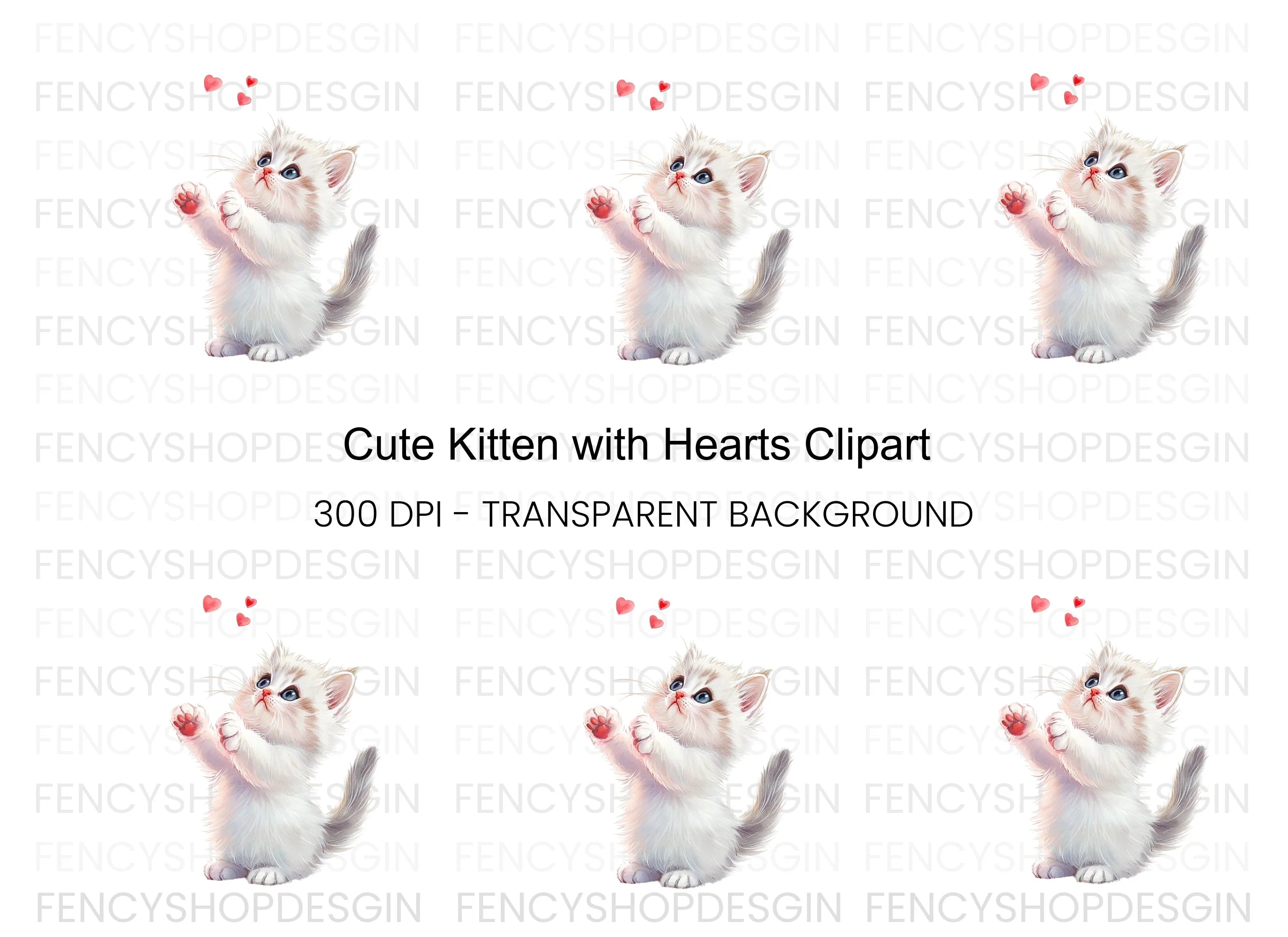 Adorable Kitten Playing With Hearts Clipart Bundle
