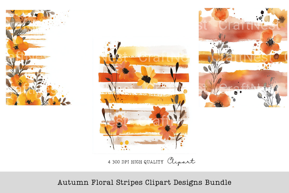 Autumn Floral Stripes Designs Clipart Bundle