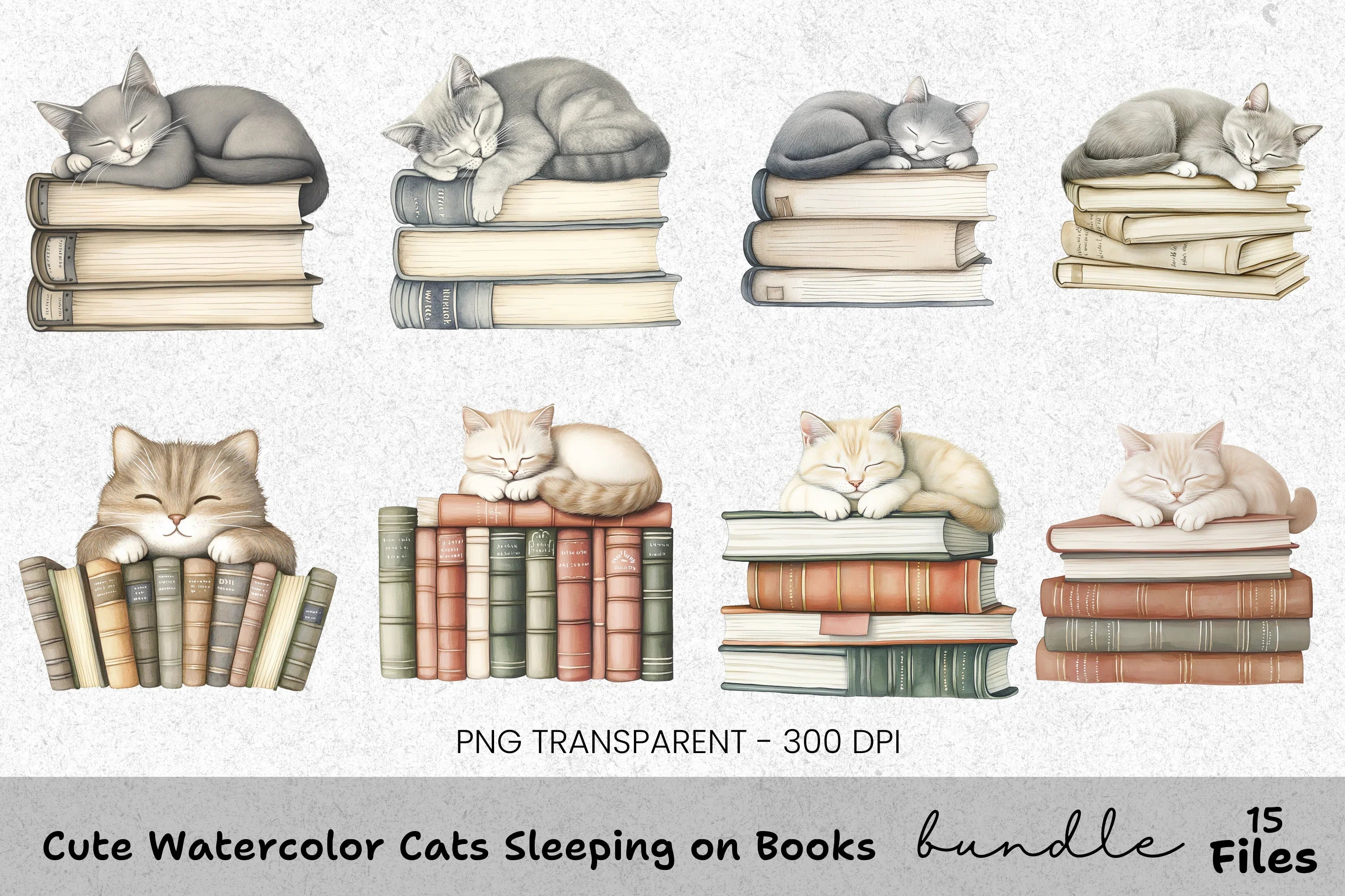 Cute Cats Sleeping on Books Clipart Bundle