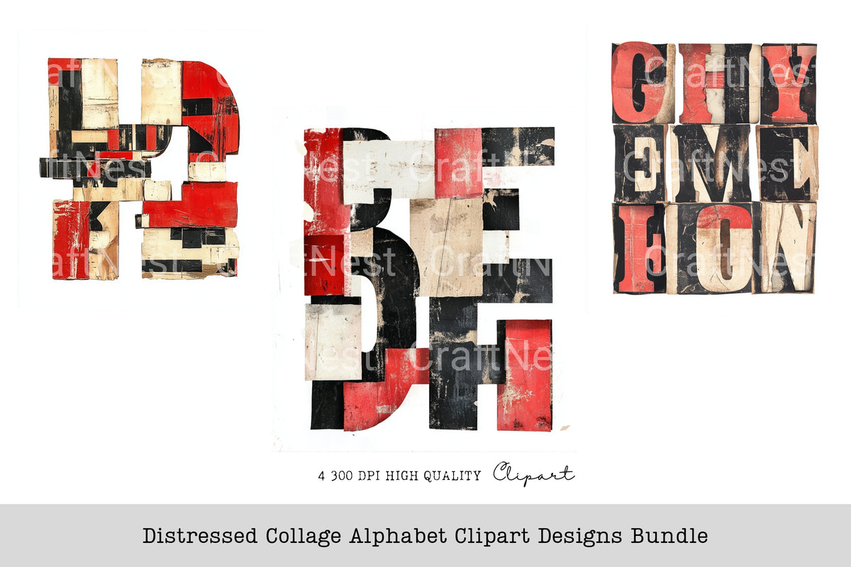 Distressed Collage Alphabet Designs Clipart Bundle