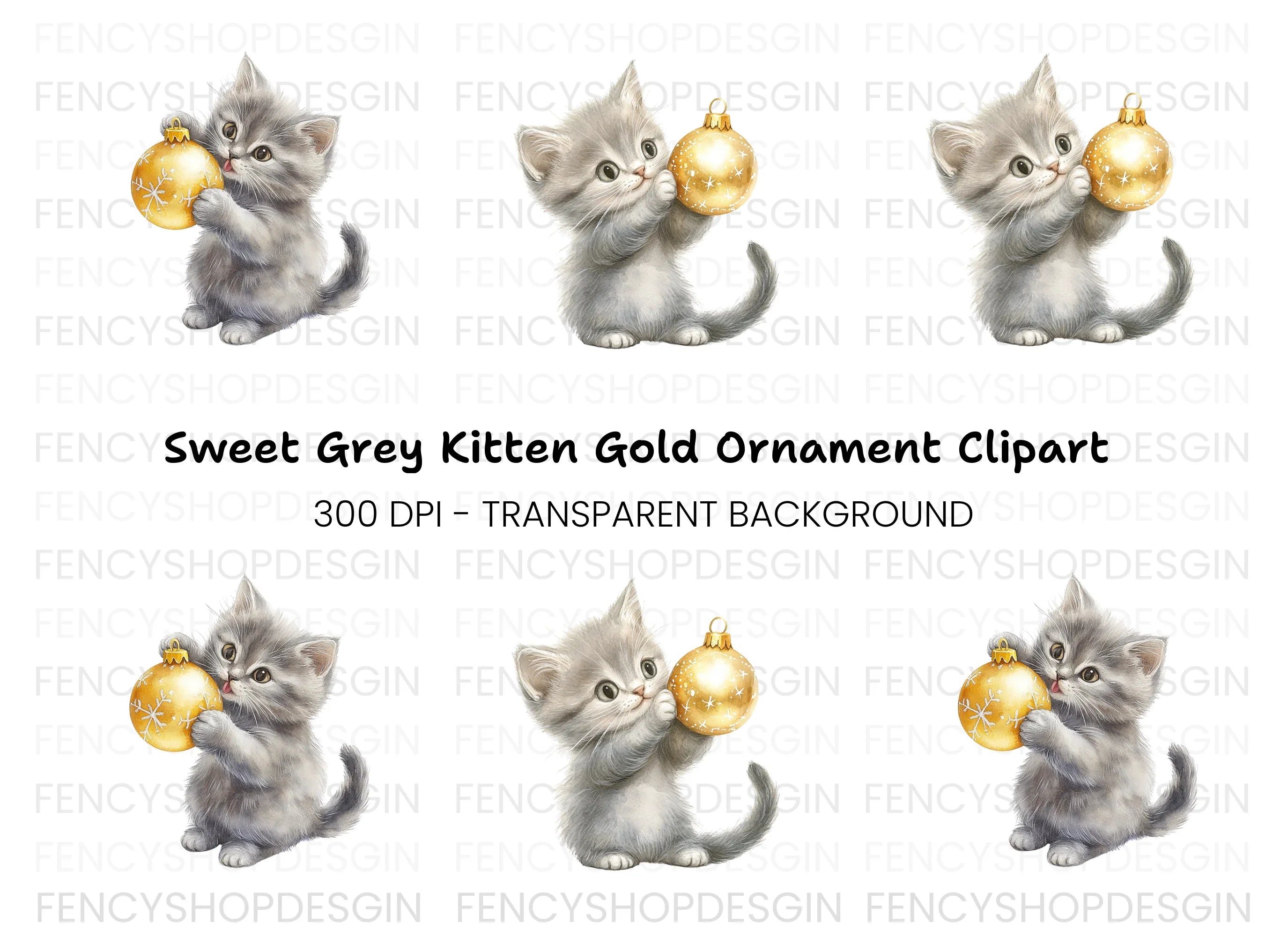 Gray Kittens Playing With Gold Ornaments Clipart Bundle