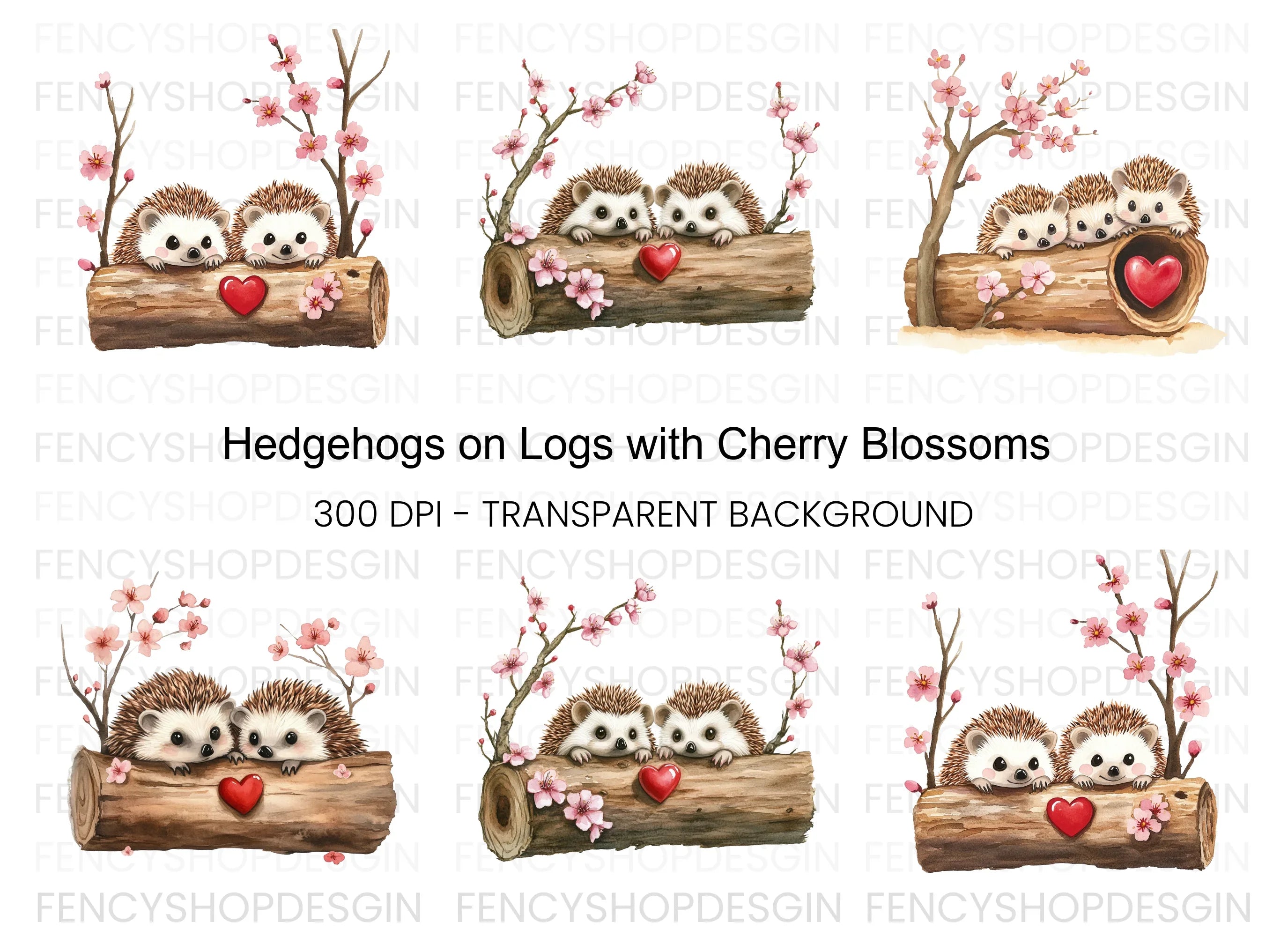 Hedgehogs in Log with Cherry Blossoms Clipart Bundle
